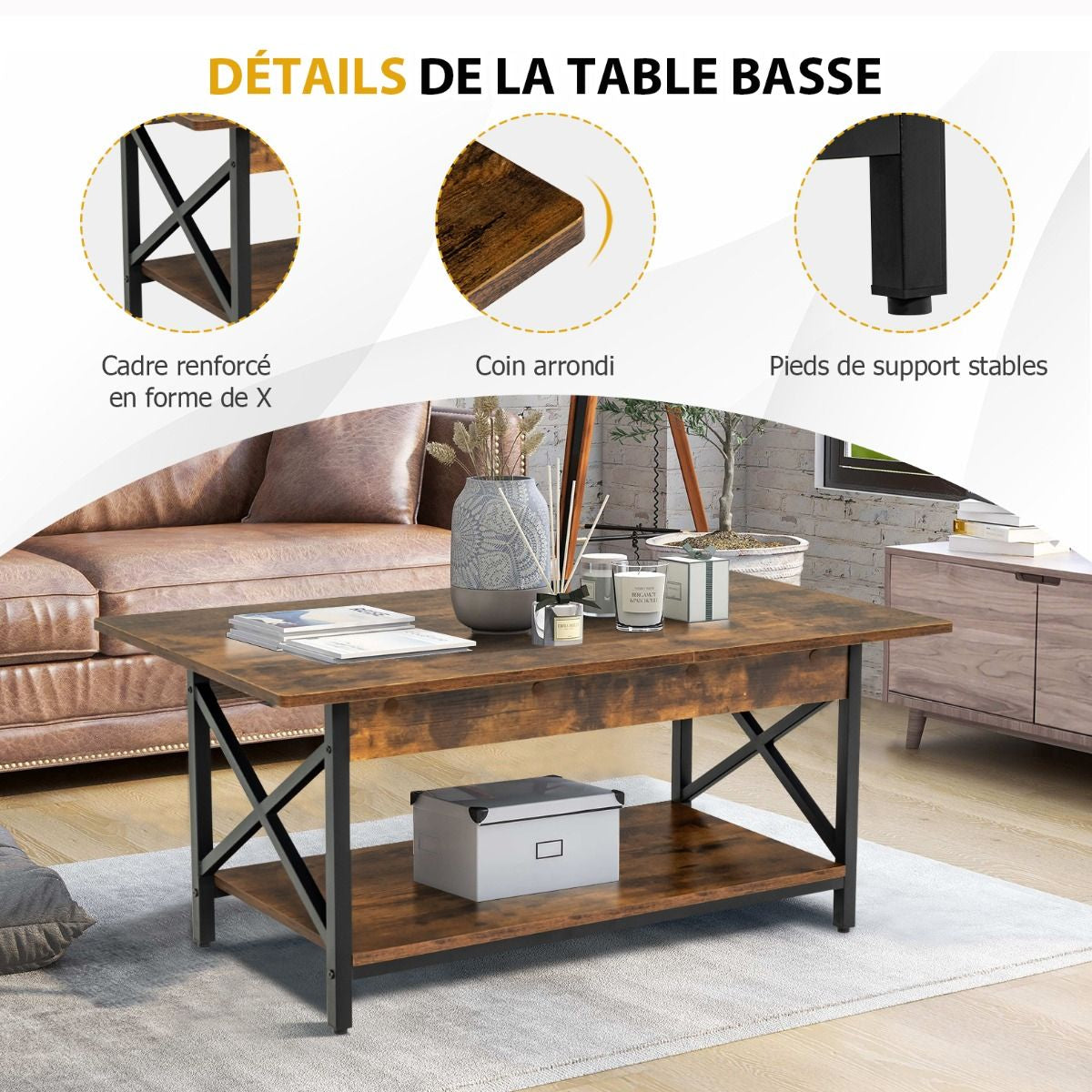 Table Basse 2 Niveaux avec Étagère Bois Cadre Métallique en Forme X Pieds Réglables Style Industrielle 110 x 60 x 48 cm Café