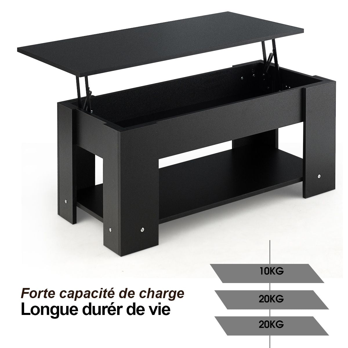 Table Basse avec Plateau Relavable et 1 Etagère pour Rangement Style Moderne 98 x 51 x 42 CM Noir