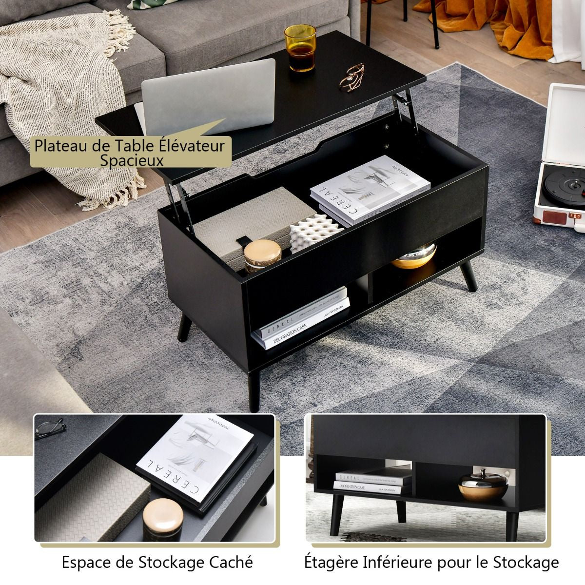 Table Basse Relevable avec 2 Compartiments et Rangement Caché Table Basse Salon à Pieds en Bois de Pin avec Levage Pneumatique Noir