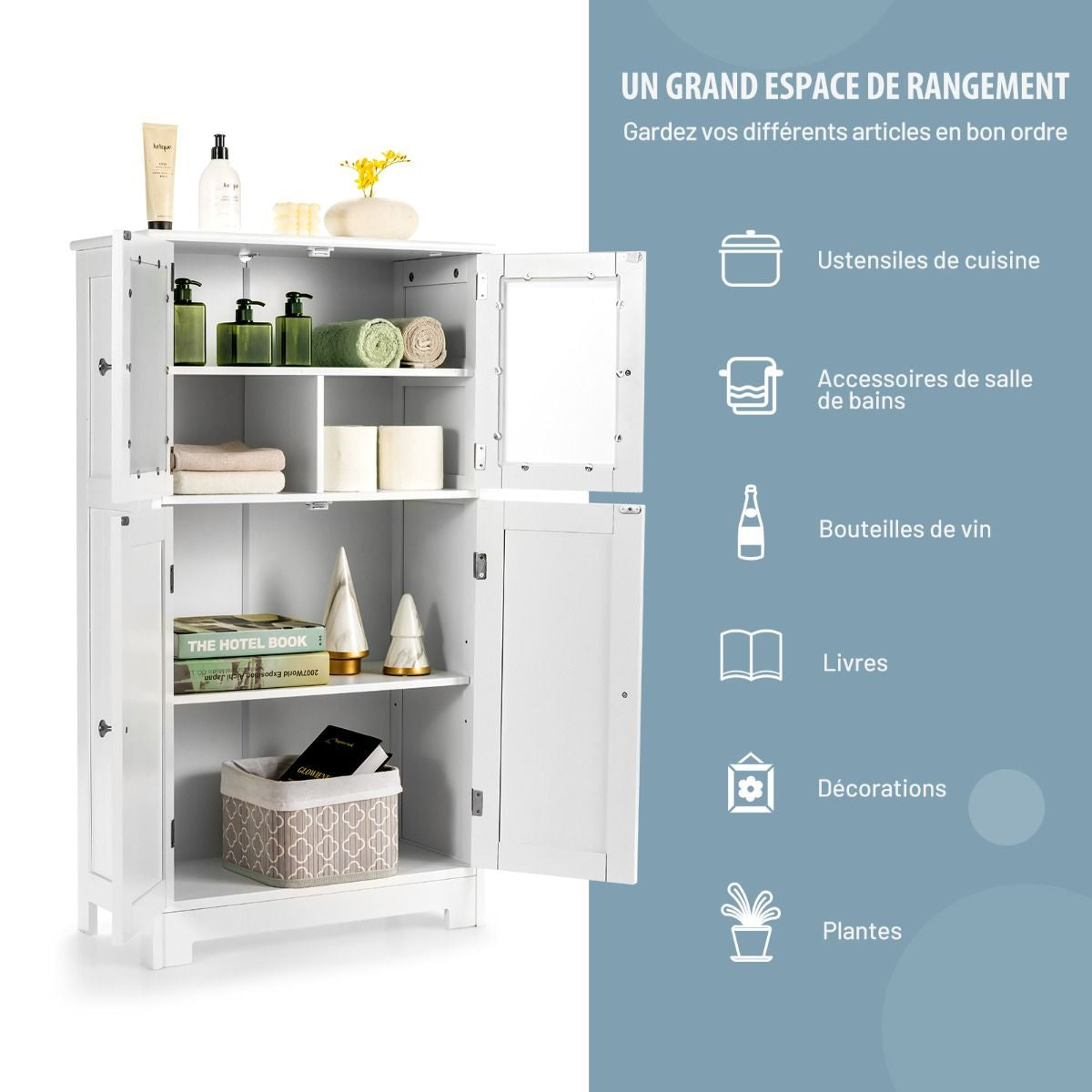 Meuble de Rangement 58 x 30 x 109 CM avec Etagère Réglable Armoire Polyvalent pour Salon Bureau Cuisine Blanc