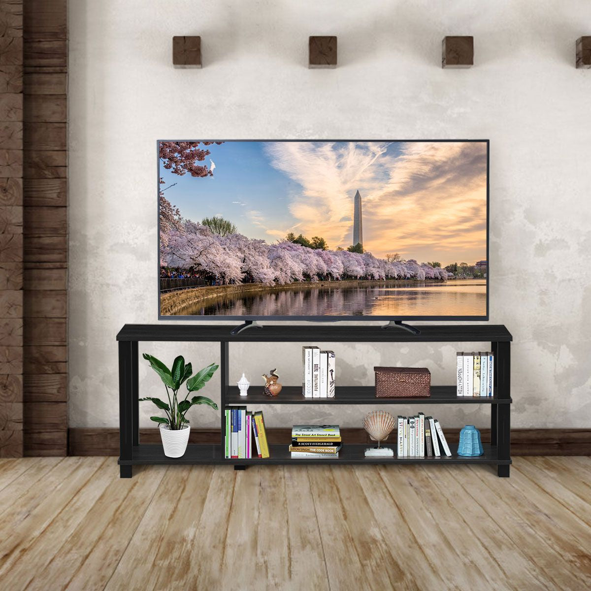 Meuble TV / Banc TV avec 3 Étagères Ouvertes 110 x 29,5 x 40,5 CM Support TV pour Télévision Jusqu’à 45 Pouces Noir