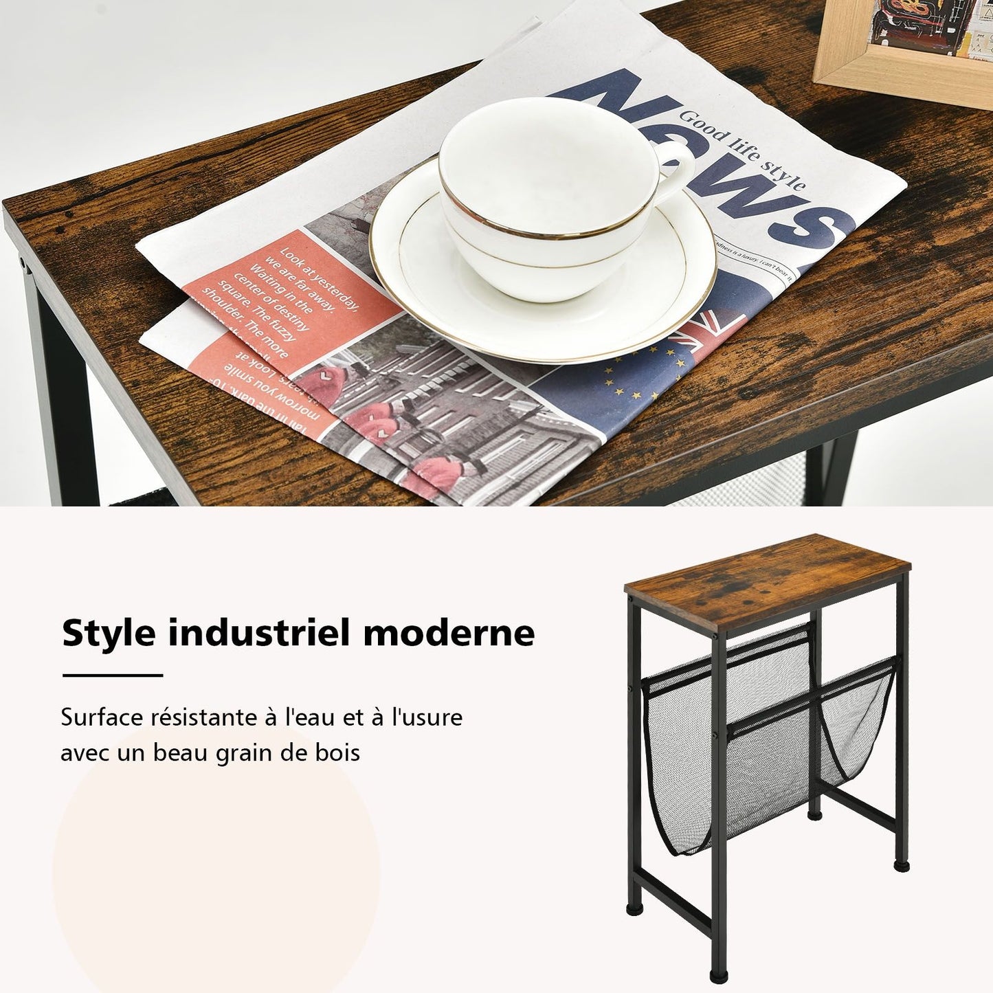 Table d’Appoint Industrielle à 2 Niveaux avec Porte-Magazines Plateau en Bois Pieds en Acier pour Salon Chambre Bureau