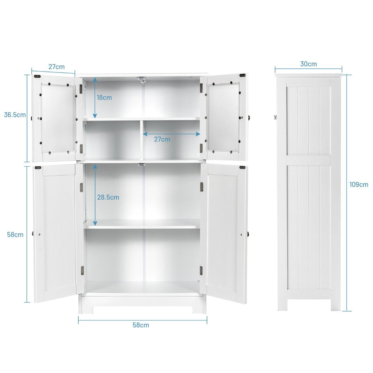 Meuble de Rangement 58 x 30 x 109 CM avec Etagère Réglable Armoire Polyvalent pour Salon Bureau Cuisine Blanc