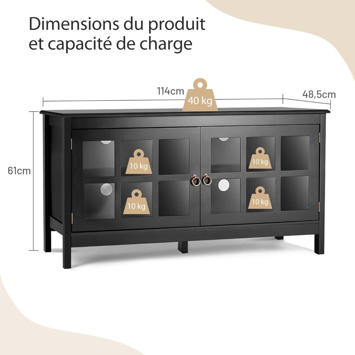 Meuble TV en Bois avec 2 Portes et 4 Compartiments 114 x 48,5 x 61 cm Style Moderne pour Salon et Chambre Noir