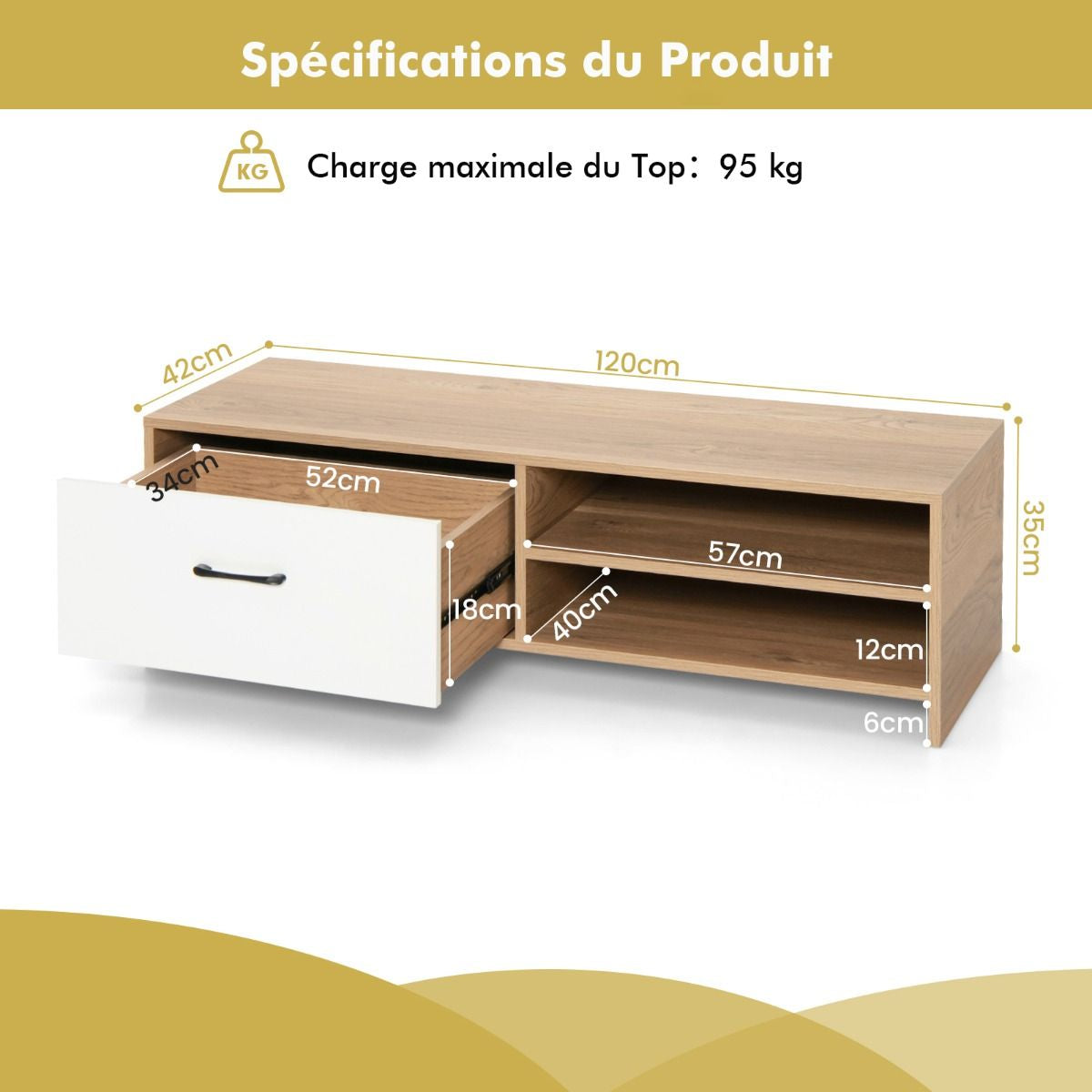 Meuble TV avec Tiroir et 2 Compartiments pour TV 55" au Max Banc TV en Bois 120 x 42 x 35cm