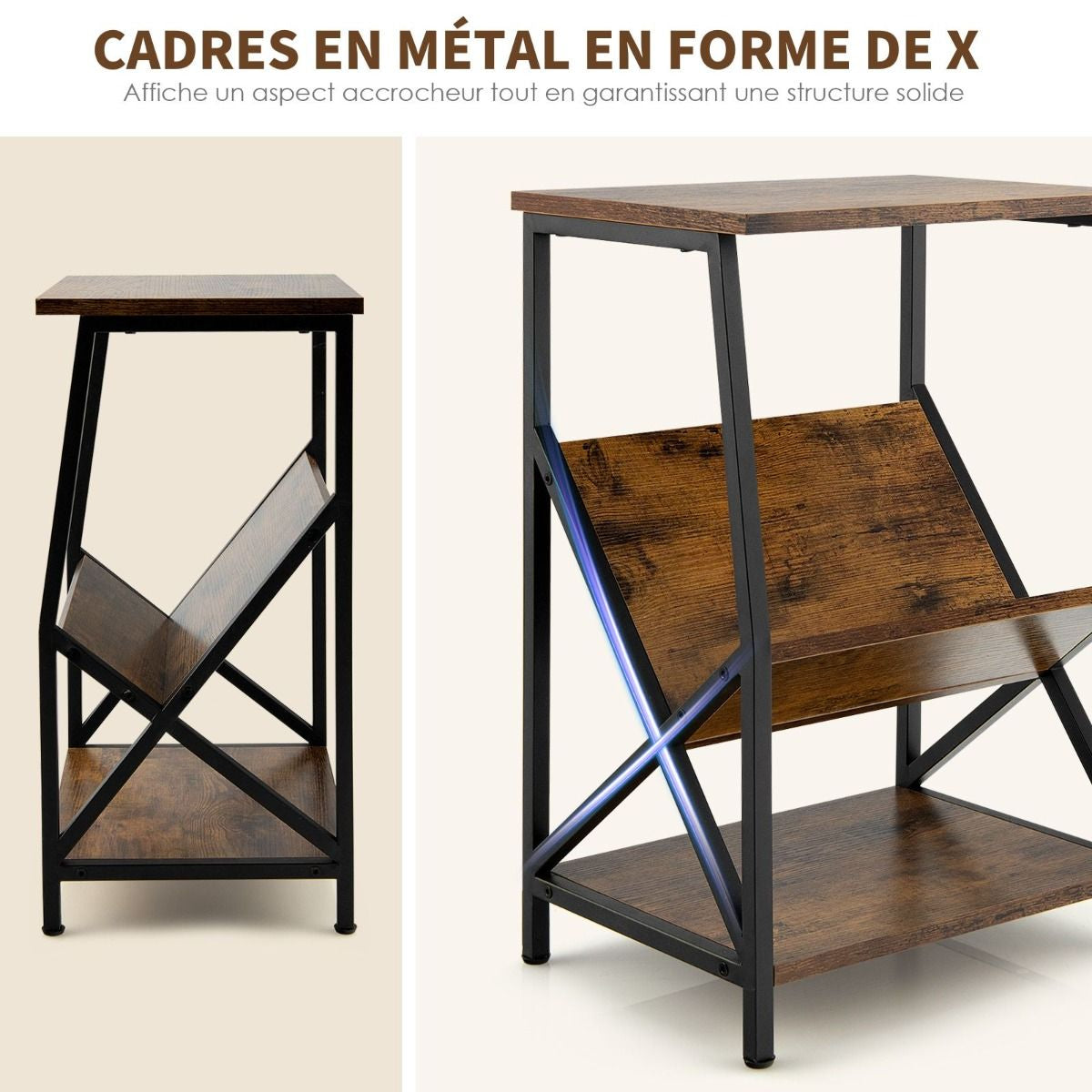 Table d'Appoint Industriel à 3 Niveaux Cadre en Métal 40 x 30 x 61 CM avec Étagère Ouverte pour Bureau Chambre