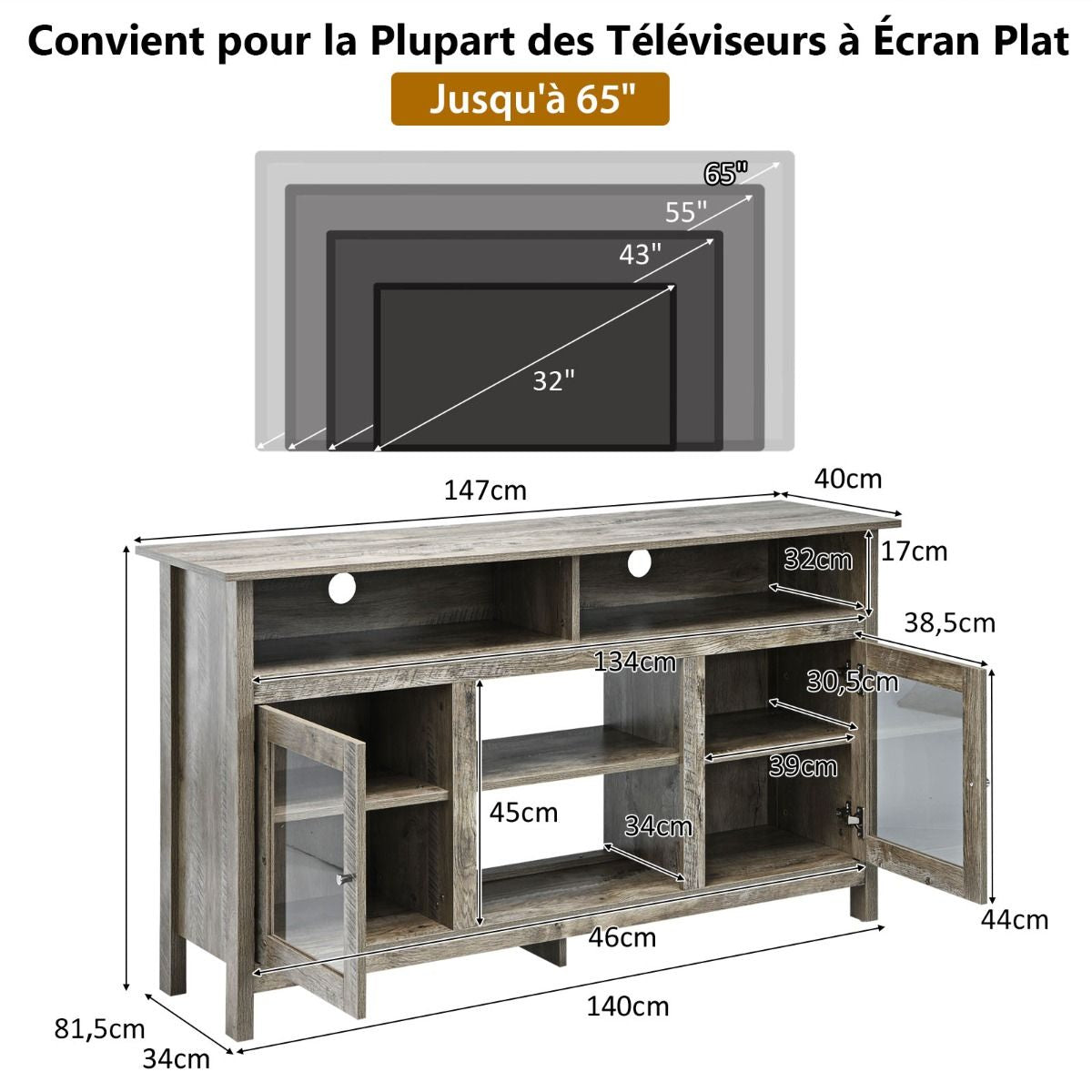 Meuble TV avec 2 Armoires Laterales et Étageres 18" Foyer Électrique pour Salon Chambre 147 x 40 x 81,5 cm Gris