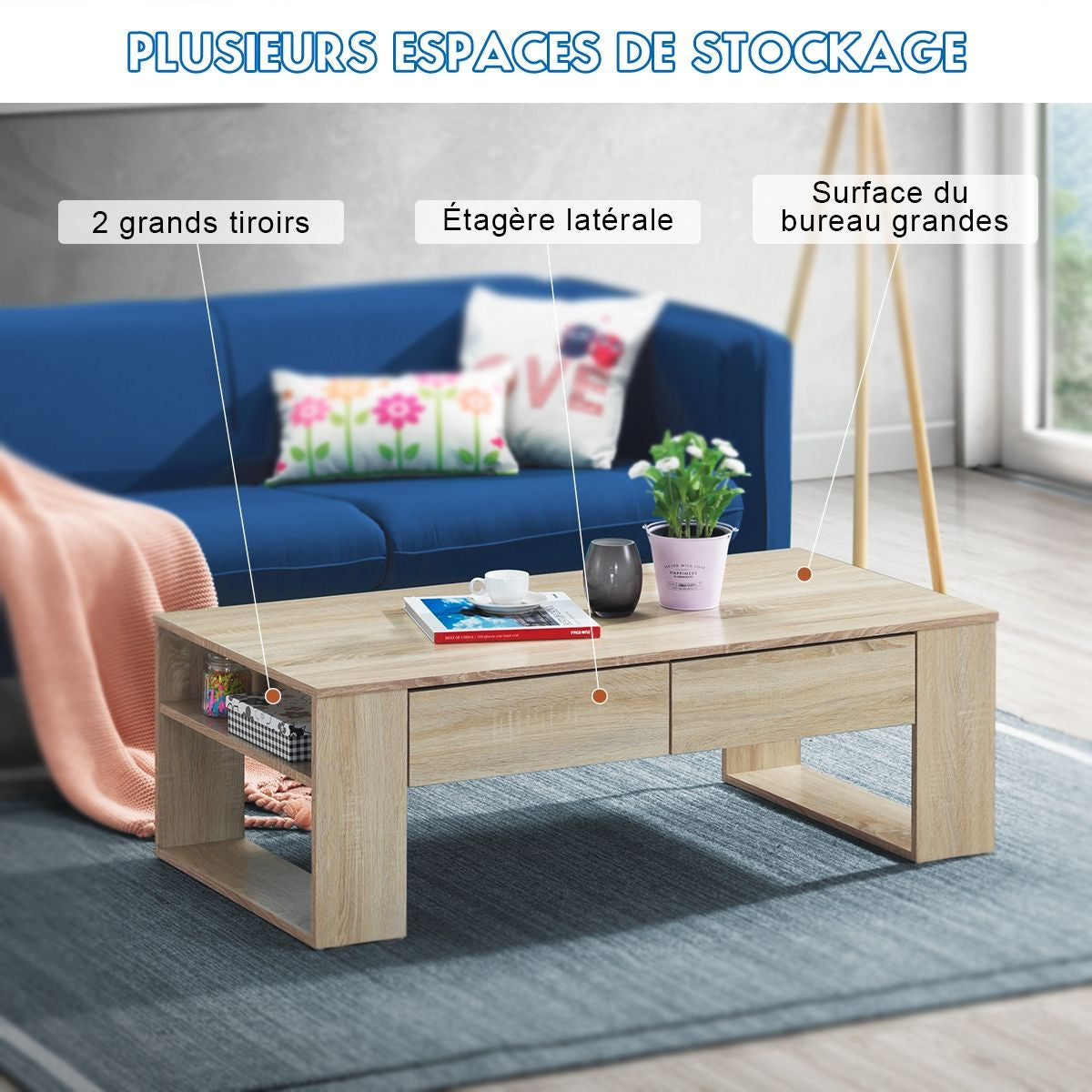 Table Basse en MDF Couleur de Chêne avec 2 Grands Tiroirs et 2 Tablettes Latérales