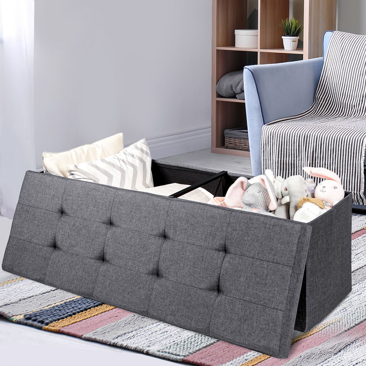 Banc de Rangement Rembourré Pliable avec Séparateur Volume 150L 110,5 x 38 x 38 cm pour Salon/Chambre/ Entrée Gris Foncé