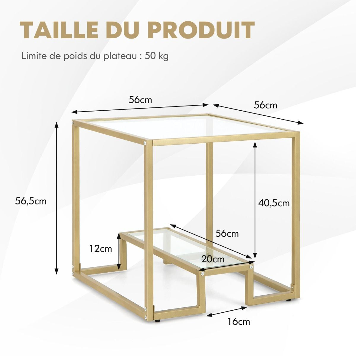 Table Basse Carrée en Verre Trempé à 2 Niveaux avec Cadre en Métal Doré Table d'Appoint avec 4 Coussinets de Pied Réglables