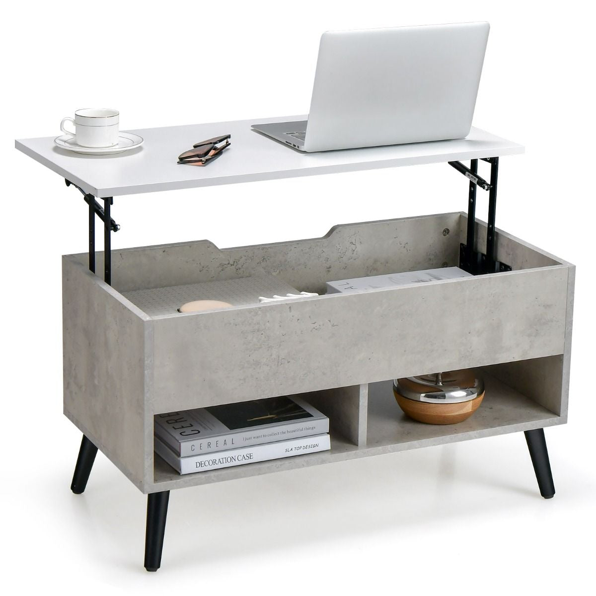 Table Basse Relevable avec 2 Compartiments et Rangement Caché Table Basse Salon à Pieds en Bois de Pin avec Levage Pneumatique Gris