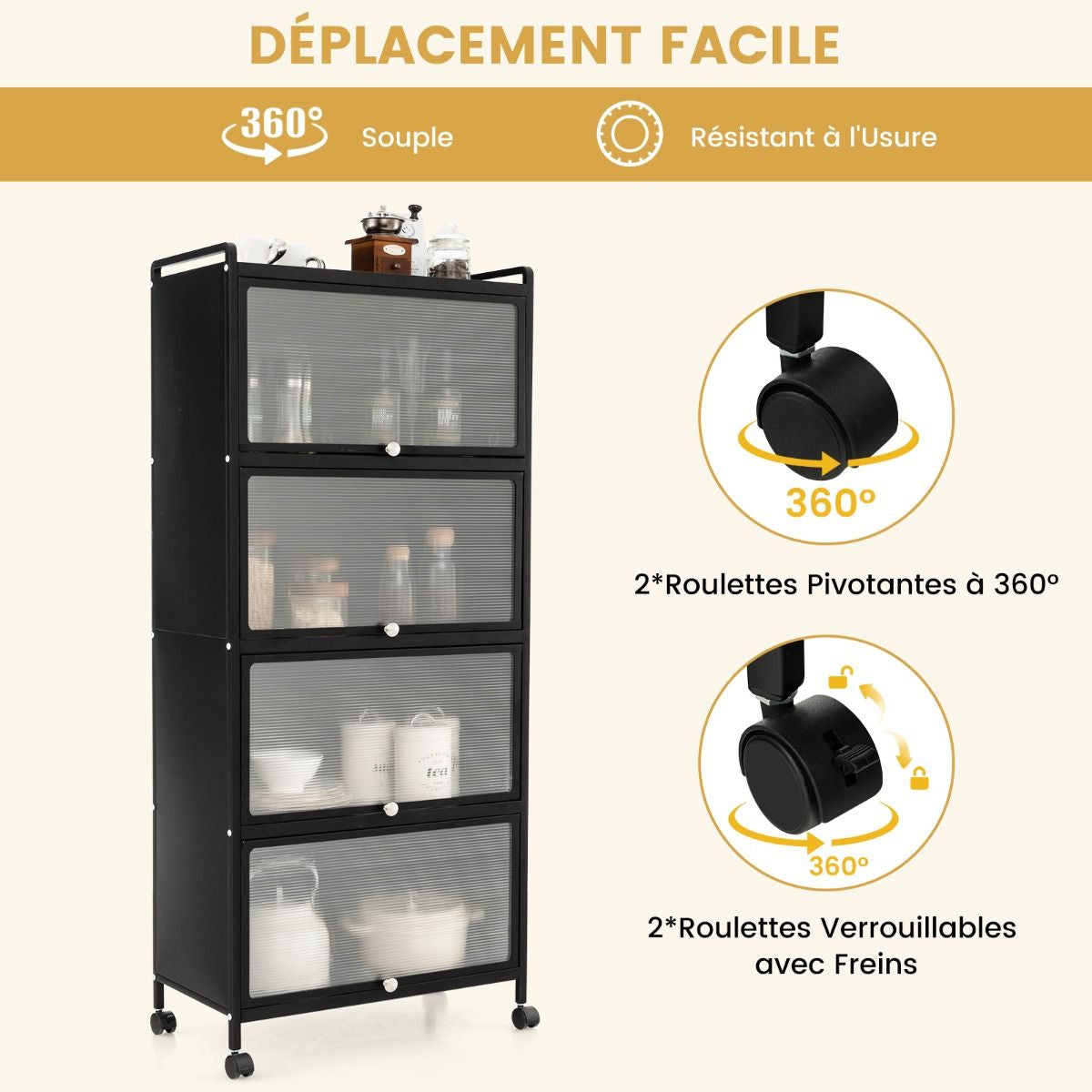 Étagère de Cuisine 5 Niveaux avec 4 Portes PC Escamotables Meuble de Rangement avec 4 Roues pour Salle à Manger Salon Noir