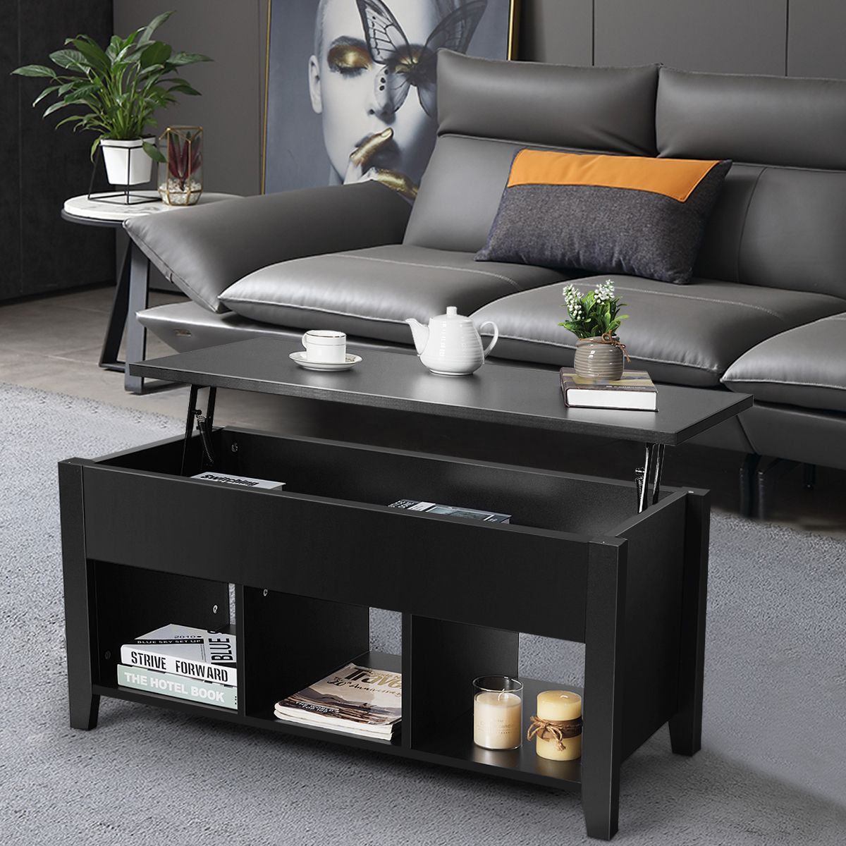 Table Basse avec Plateau Relevable Noir 104,5 x 49,5 x 48,5 CM avec Trois Compartiments pour Rangement Design Contemporain