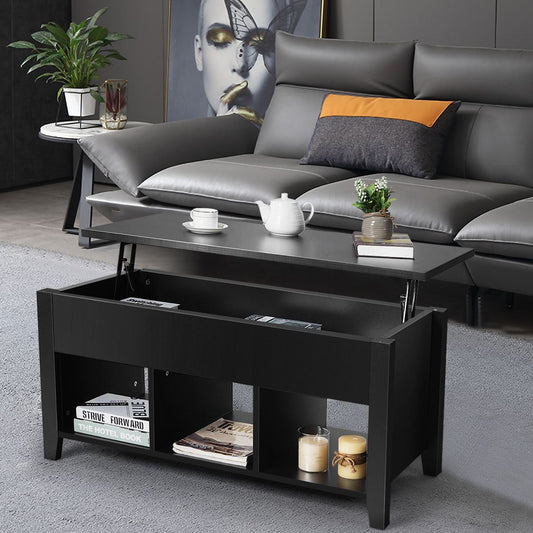 Table Basse avec Plateau Relevable Noir 104,5 x 49,5 x 48,5 CM avec Trois Compartiments pour Rangement Design Contemporain