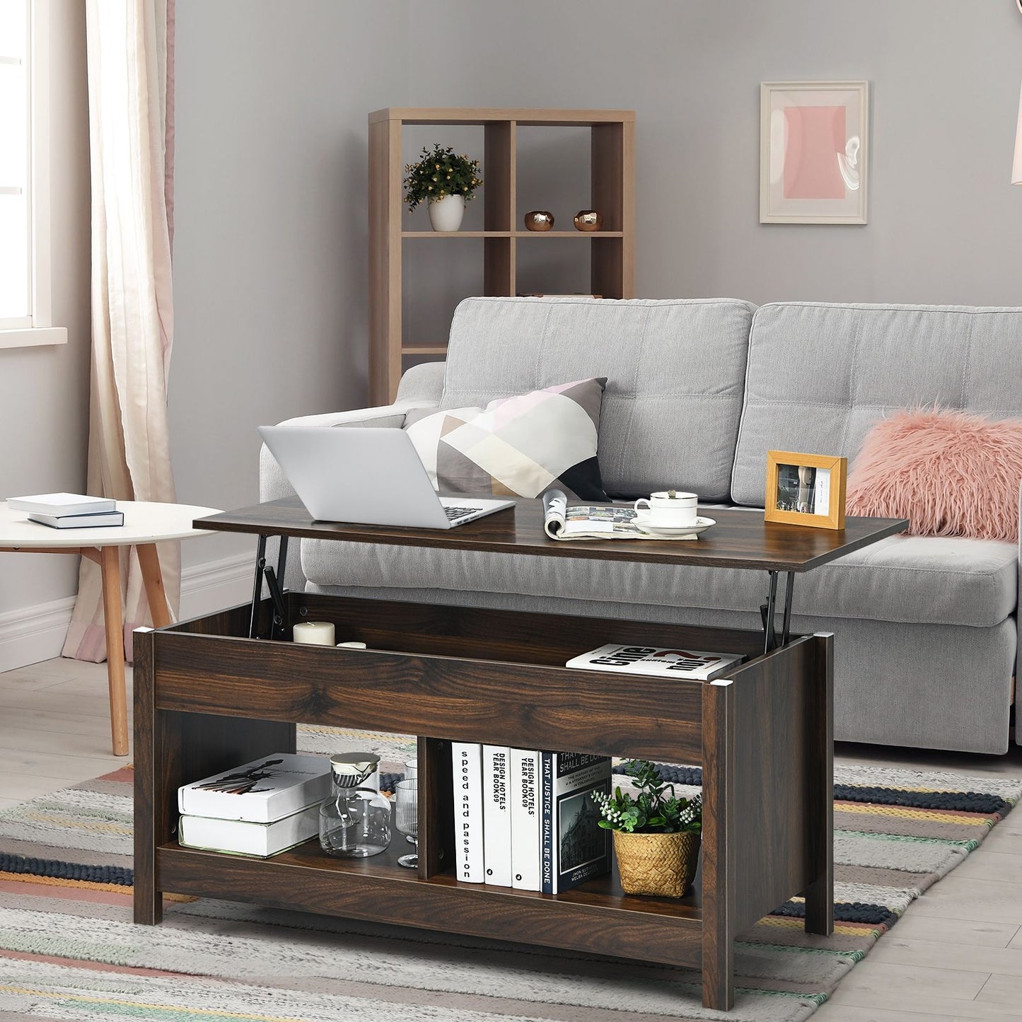 Table Basse avec Plateau Relevable avec Espace de Rangement Caché et Etagère Inférieur 109 x 47,5 x 50-63 cm Café