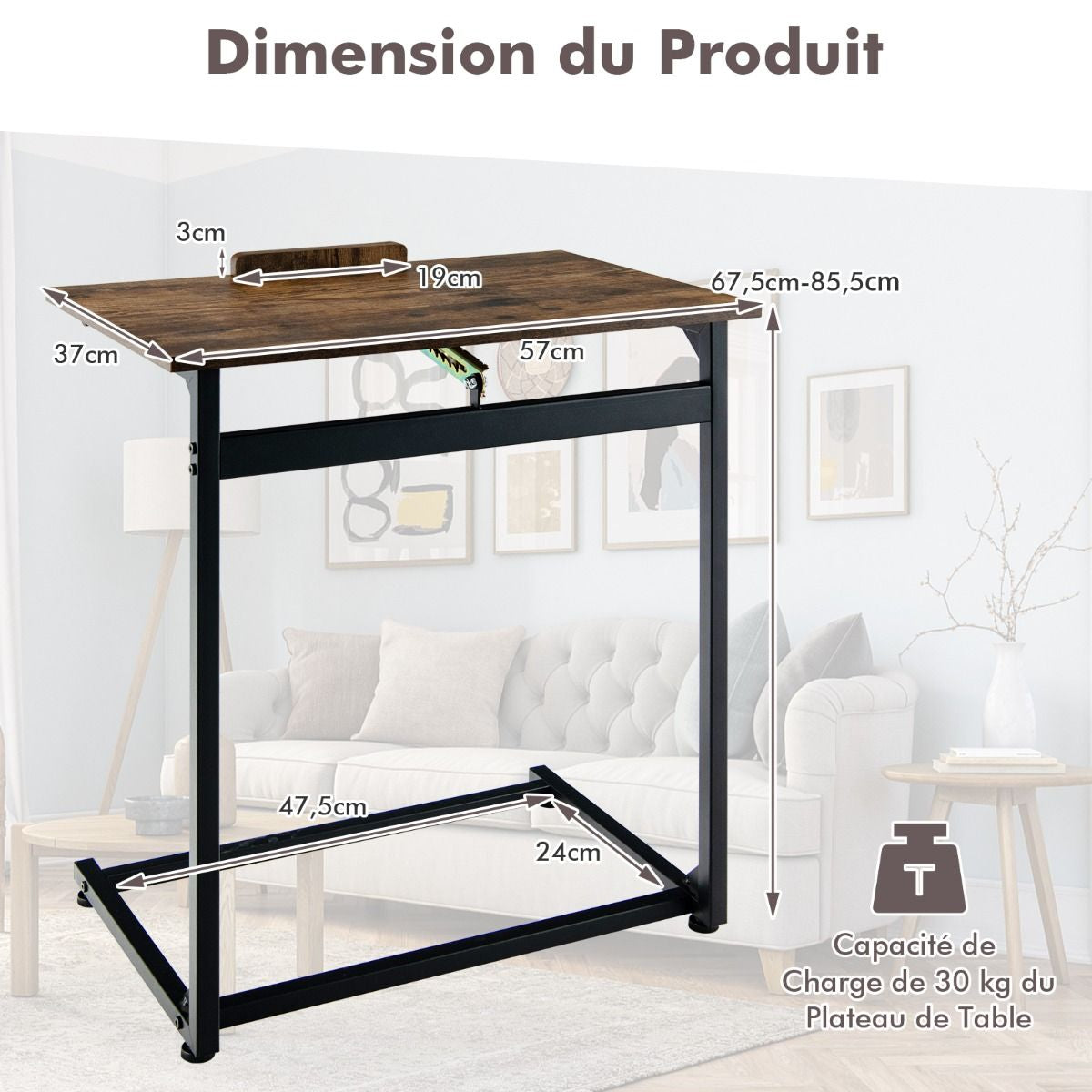 Table d’Appoint en Forme de C Plateau Réglable à 5 Positions Cadre en Acier Style Industriel Brun