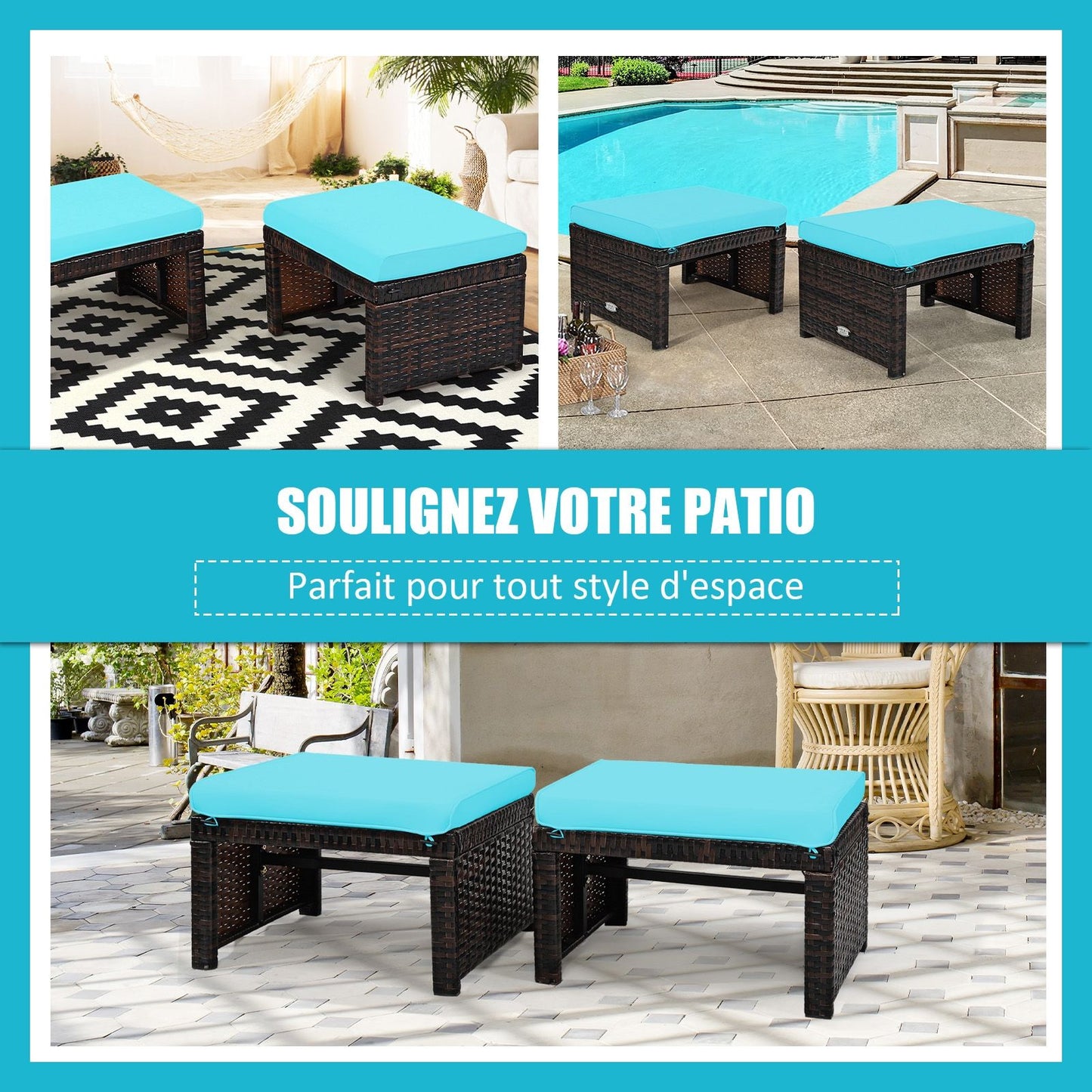 2 Tabouret de Jardin Résine Tressée en Rotin PE avec Coussin Souple en Éponge pour Terrasse et Piscine 49 x 40 x 33 CM Bleu