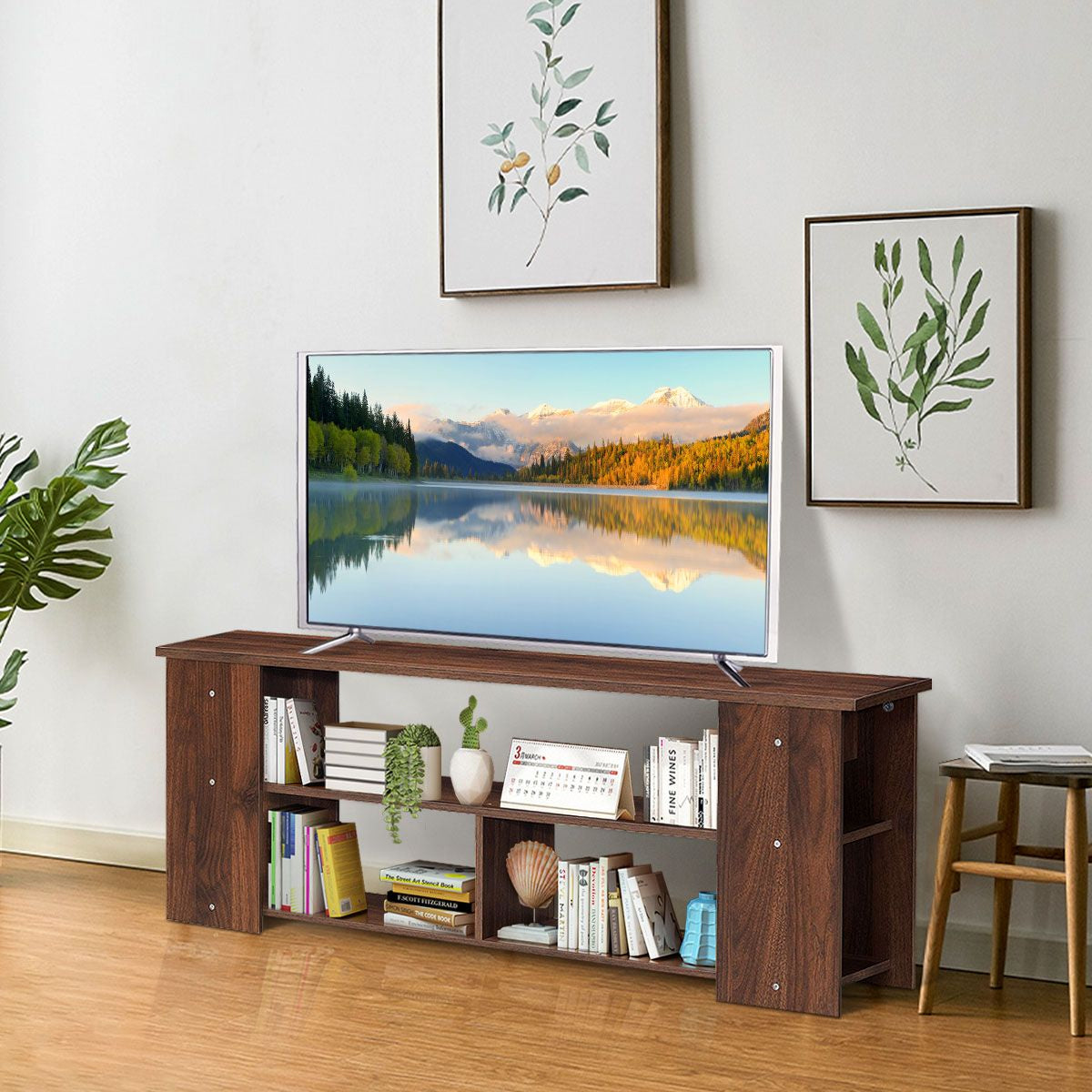 Meuble TV à 3 Niveaux avec Structure en Bois Massif pour Salon Chambre Salle de Jeu Style Moderne 100 x 29  x 40,5 cm Marron