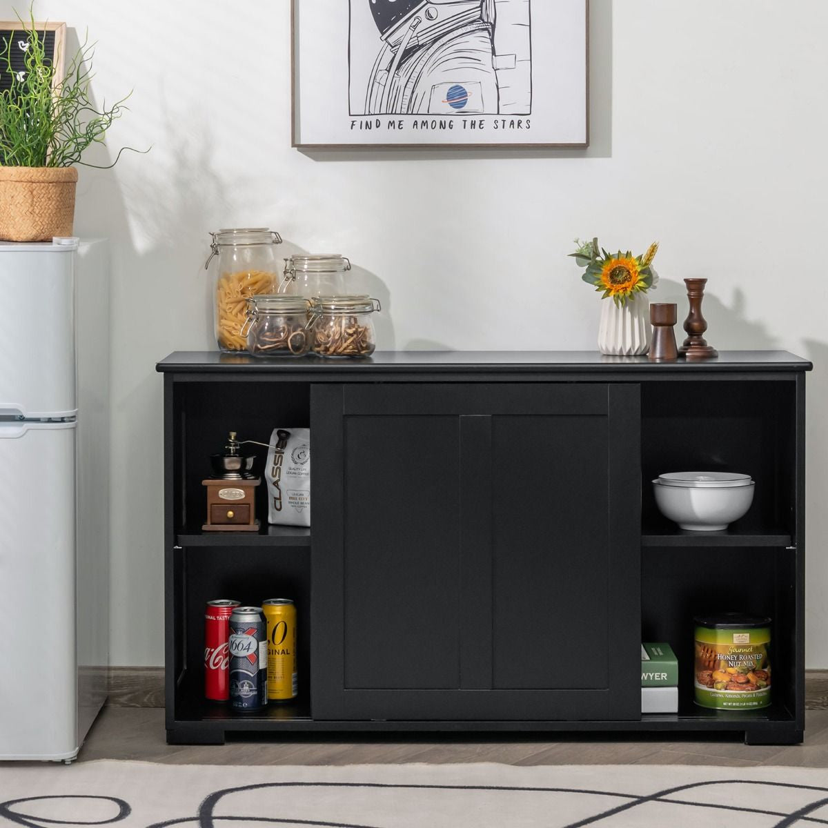 Buffet Armoire de Cuisine en MDF avec 2 Etagères de Rangement et 2 Portes Coulissantes Noir