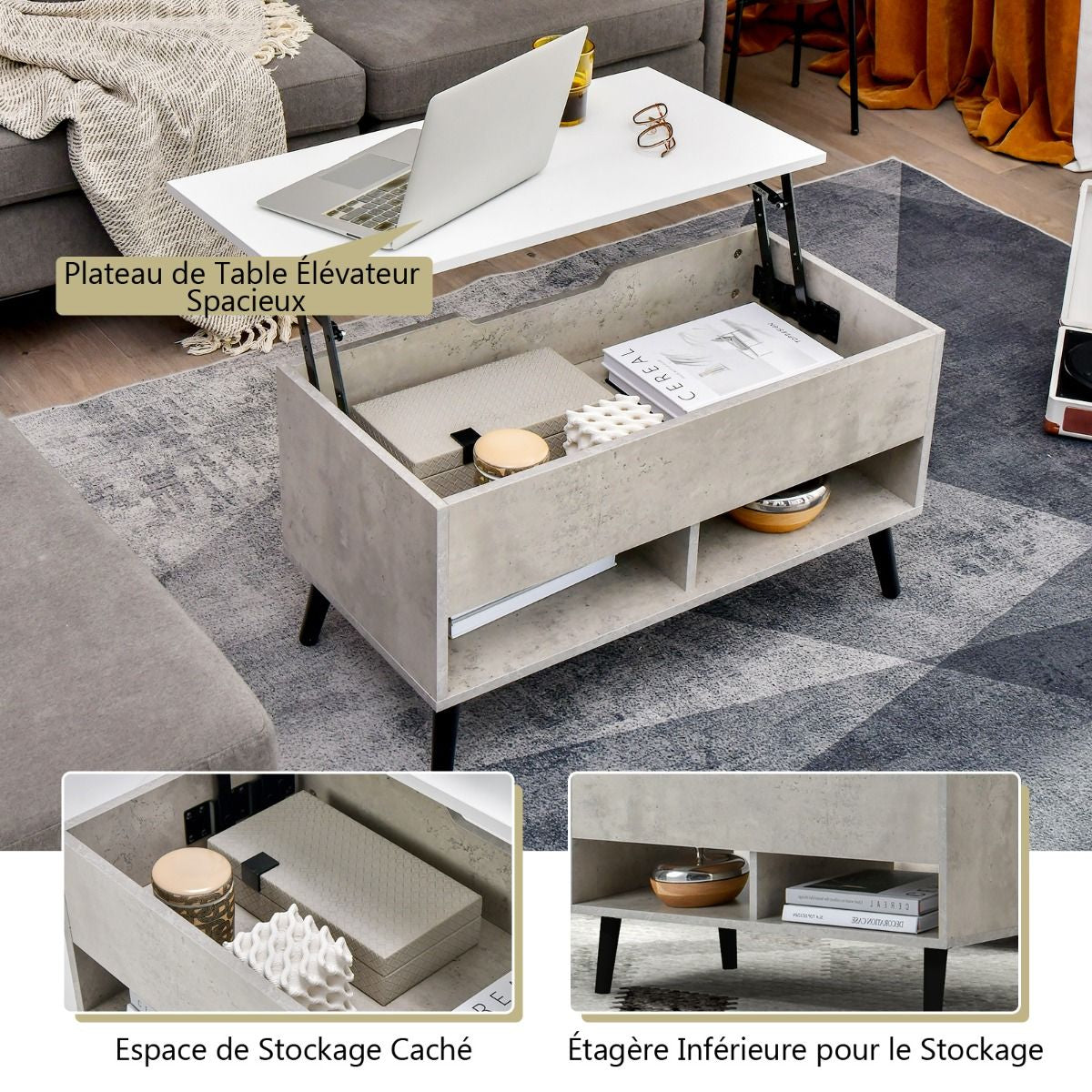 Table Basse Relevable avec 2 Compartiments et Rangement Caché Table Basse Salon à Pieds en Bois de Pin avec Levage Pneumatique Gris