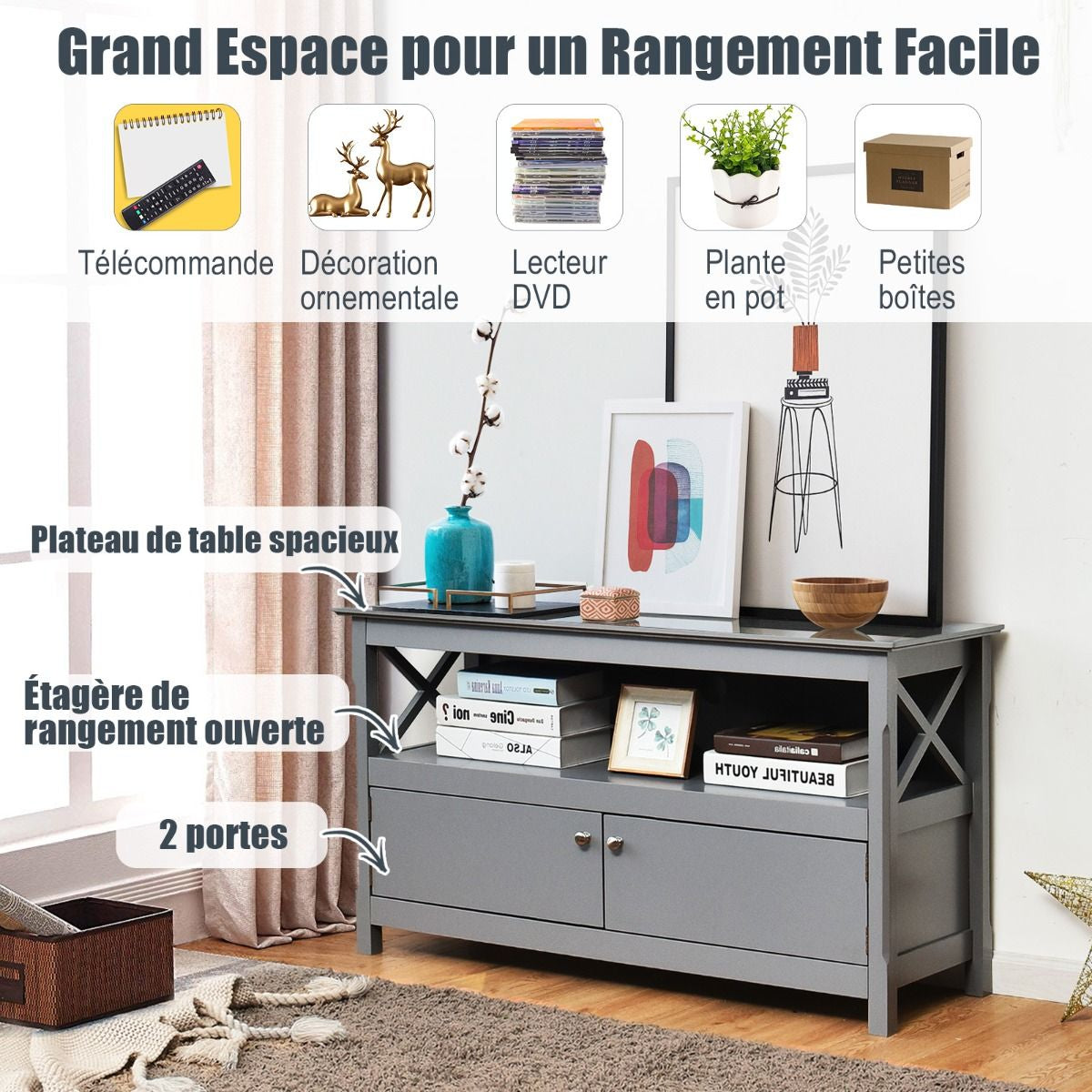 Meuble TV à 3 Niveaux avec Compartiment et Placard 2 Portes pour TV Jusqu'à 48 Pouces 112x40x61CM Charge Max 80KG Gris