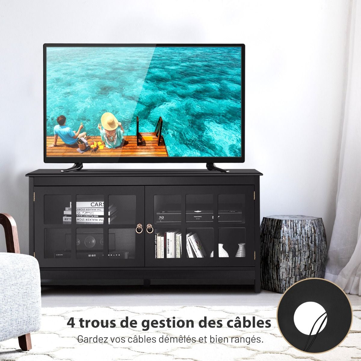 Meuble TV en Bois avec 2 Portes et 4 Compartiments 114 x 48,5 x 61 cm Style Moderne pour Salon et Chambre Noir