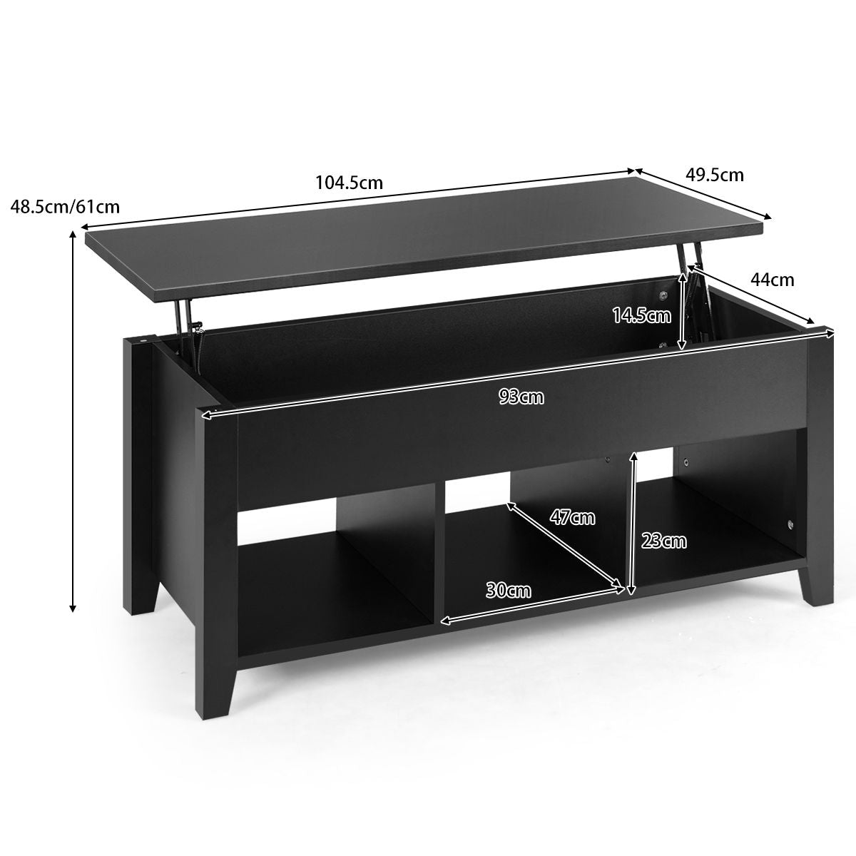 Table Basse avec Plateau Relevable Noir 104,5 x 49,5 x 48,5 CM avec Trois Compartiments pour Rangement Design Contemporain