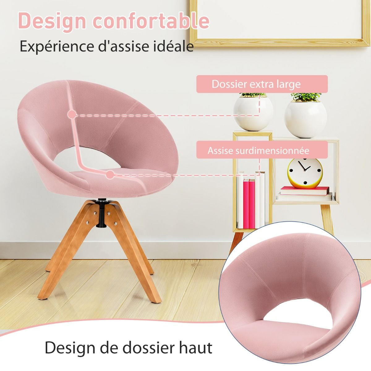 Fauteuil en Tissu Chaise Pivotante Moderne avec Pieds en Bois Massif et Siège Moelleux pour Salon Bureau et Chambre Rose