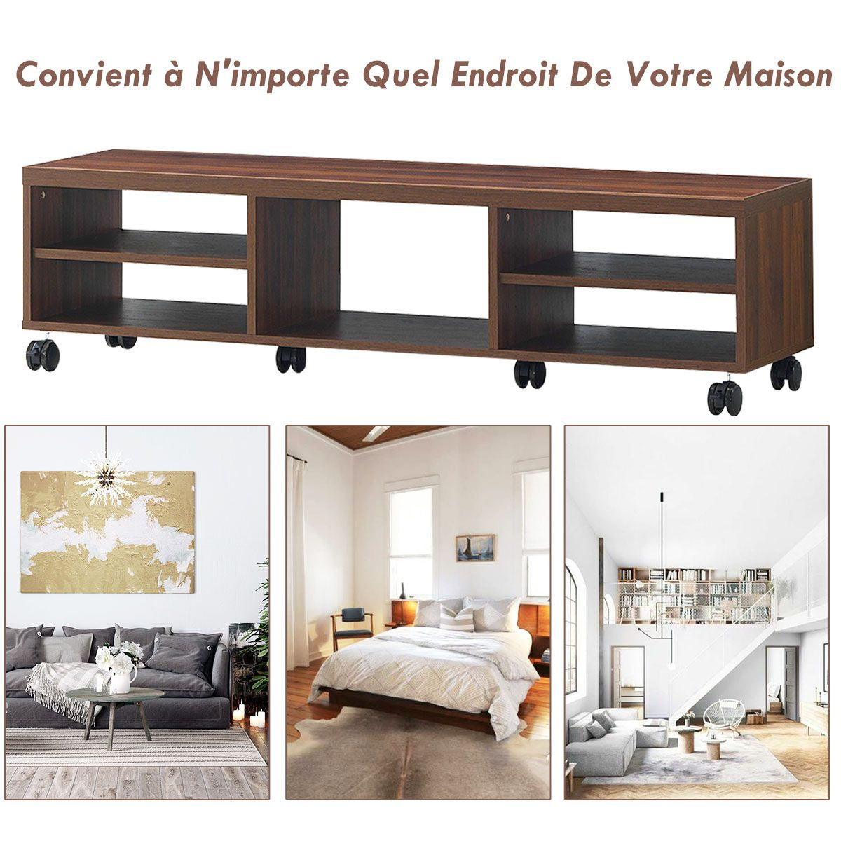 Meuble TV avec Roues Verrouillables 5 Etagères de Rangement Ouverts de Style Moderne pour TV Jusqu'à 55'' en MDF Marron