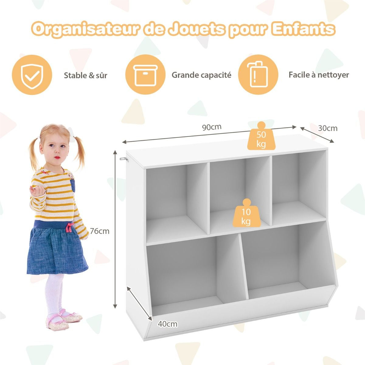 Bibliothèque pour Enfants à 9 Casiers, Étagère de Rangement Jouets pour Enfants avec Kits Anti-Basculement Étagère à Livres Enfants 90 x 40 x 76 cm Blanc