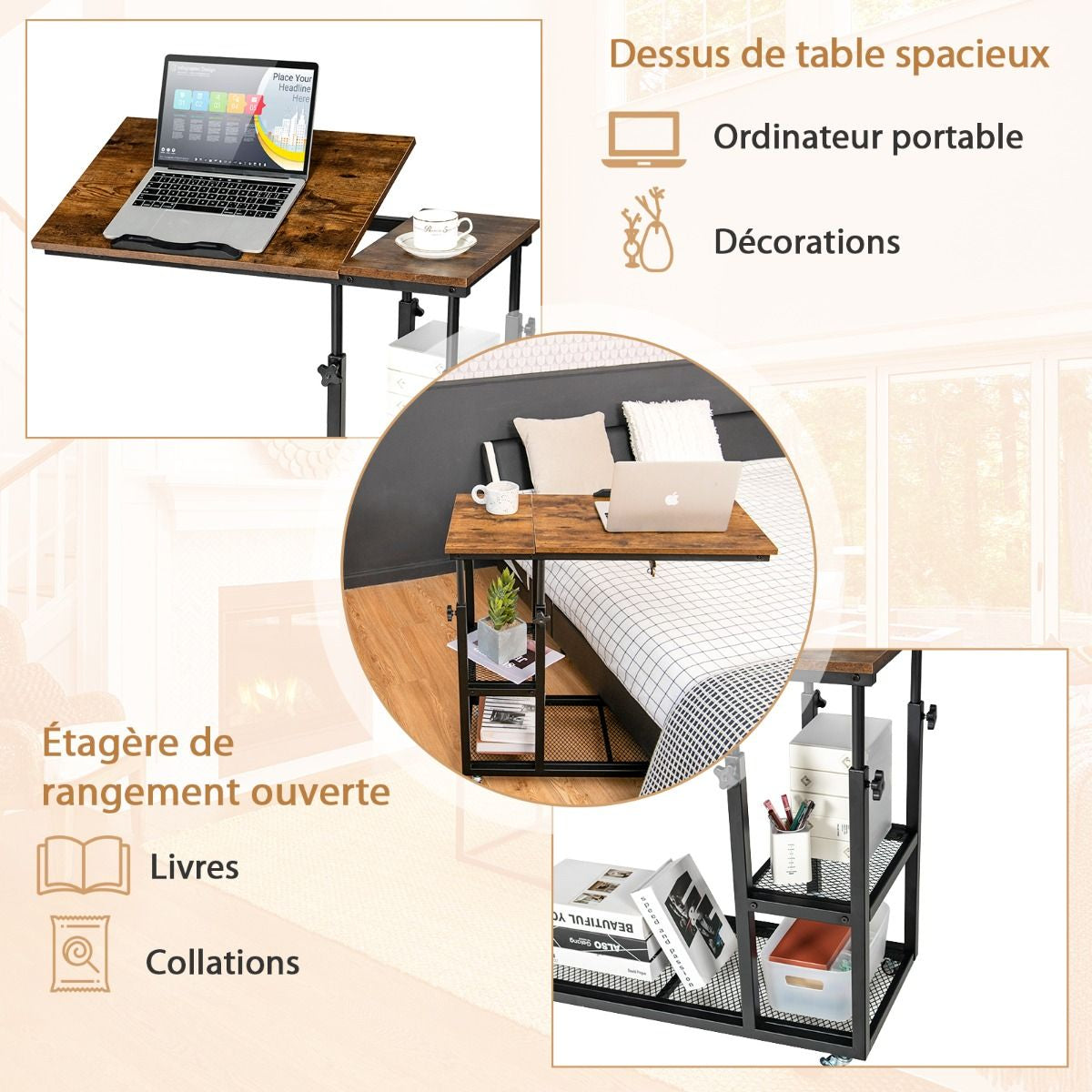 Table d’Appoint en Forme de C Plateau Réglable Roulettes Verrouillables Cadre en Acier Style Industriel Brun