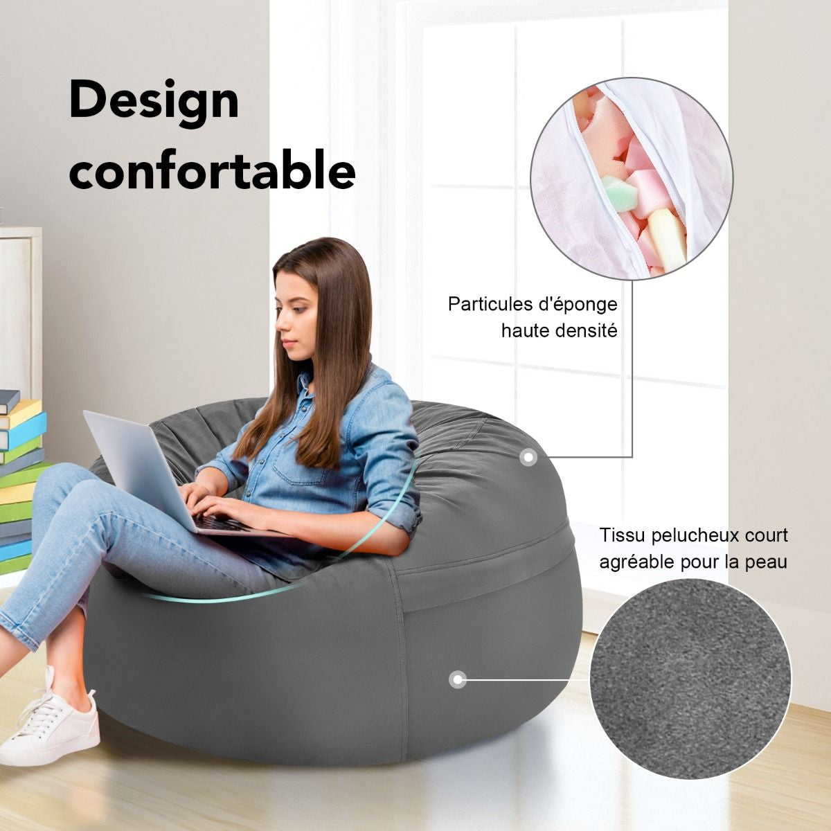 Pouf Poire 92 CM Ultra Confortable Rempli d'Éponge Doublure Indépendante Housse en Microfibre pour Chambre/Salon Gris