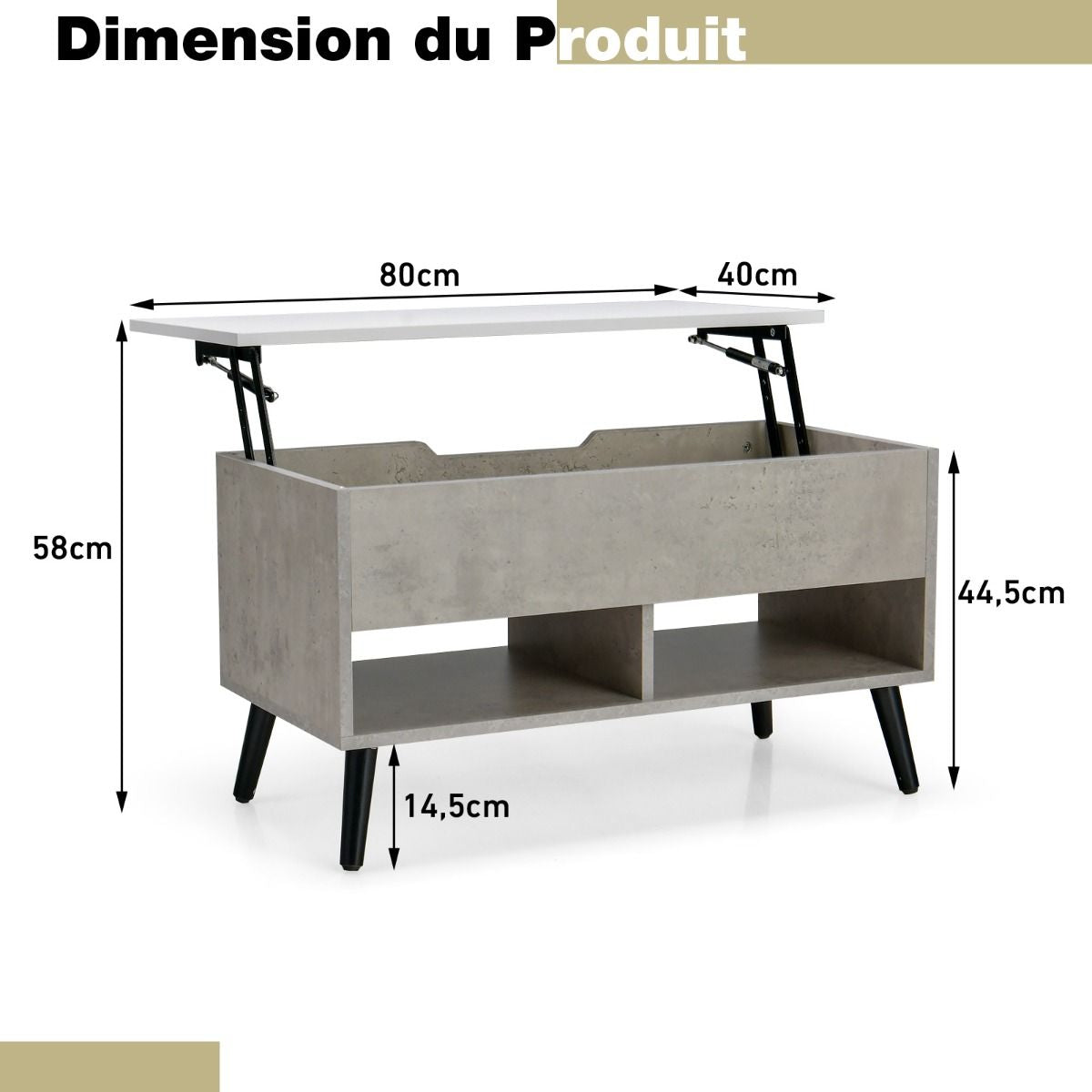 Table Basse Relevable avec 2 Compartiments et Rangement Caché Table Basse Salon à Pieds en Bois de Pin avec Levage Pneumatique Gris