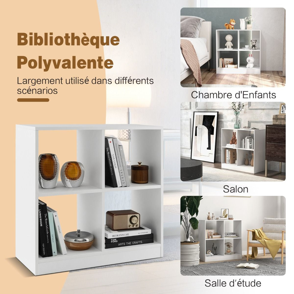 Bibliothèque Étagère Rangement à 3 Niveaux avec 4 Compartiments Ouverts Meuble Cube de Rangement en Bois 73 x 33 x 73cm