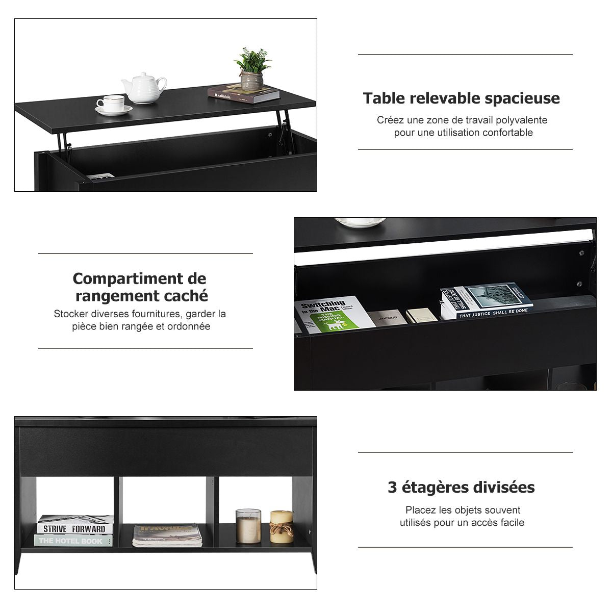 Table Basse avec Plateau Relevable Noir 104,5 x 49,5 x 48,5 CM avec Trois Compartiments pour Rangement Design Contemporain