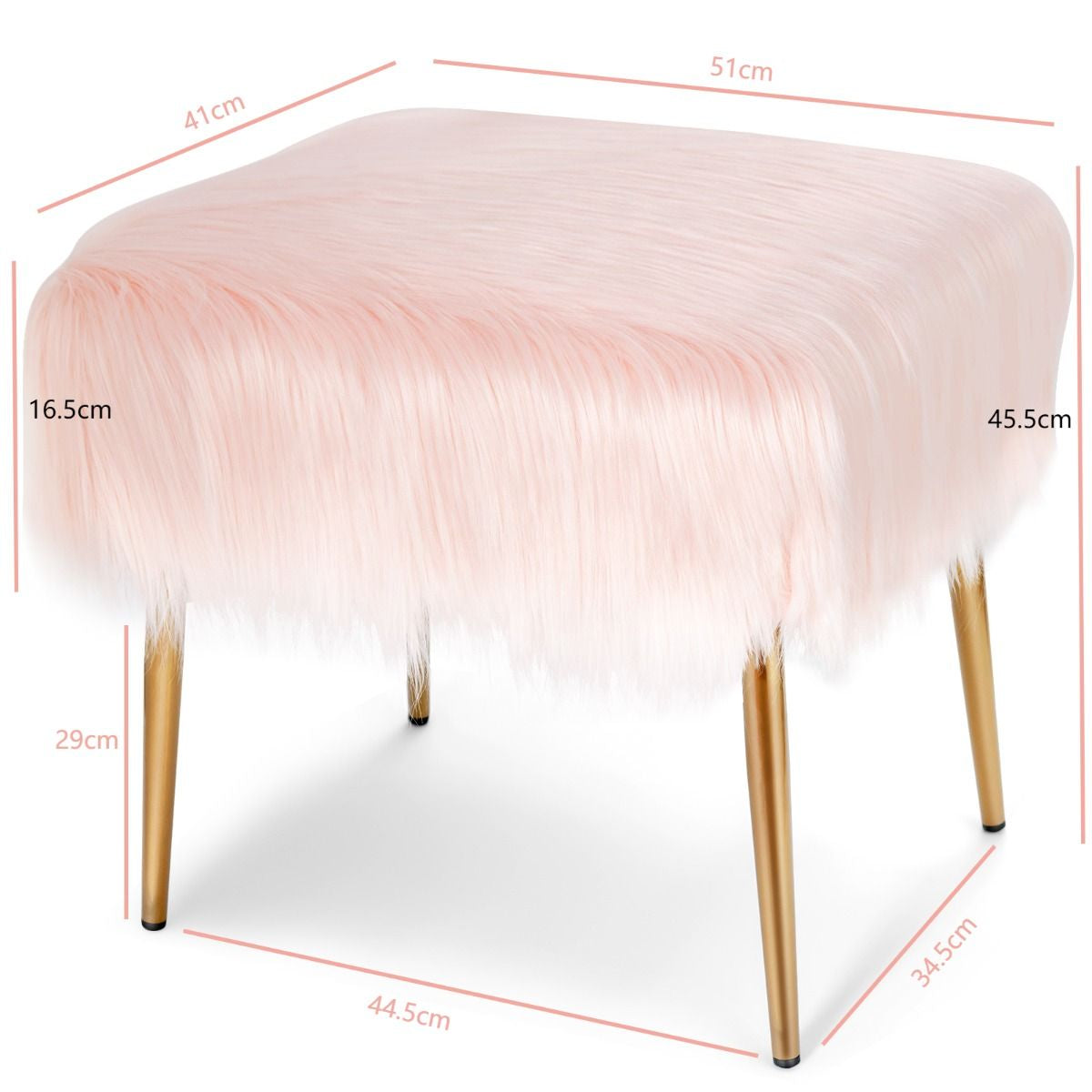 Banc en Fourrure Synthétique Pieds en Métal Doré Bout de Lit 51 x 41 x 45,5  cm (L x l x H) Rose