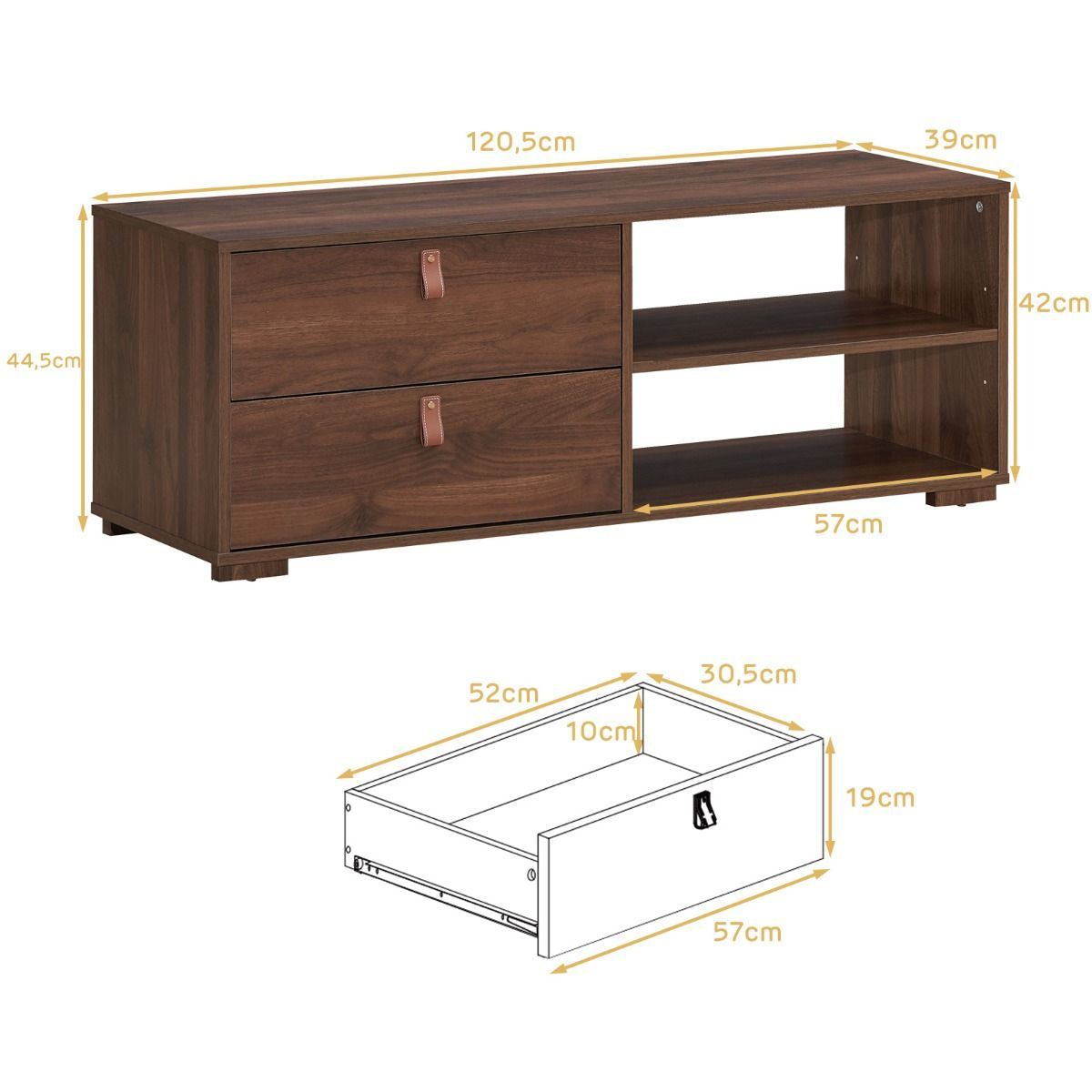 Meuble TV en Bois avec 2 Tiroirs Étagère Réglable Style Industriel 120,5 x 39 x 42 cm pour Salon Chambre Marron Rustique