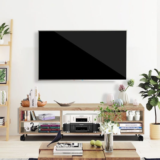 Meuble TV avec Roues Verrouillables 5 Etagères de Rangement Ouverts de Style Moderne pour TV Jusqu'à 55'' en MDF