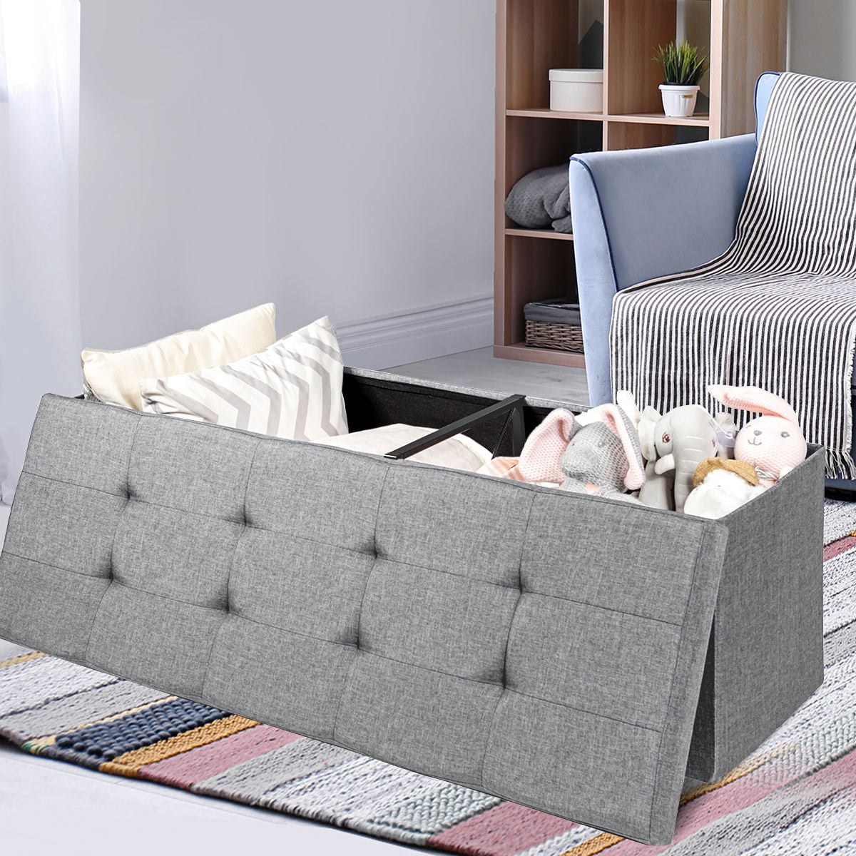 Banc de Rangement Rembourré Pliable avec Séparateur Volume 150L 110,5 x 38 x 38 cm pour Salon/Chambre/ Entrée Gris Clair