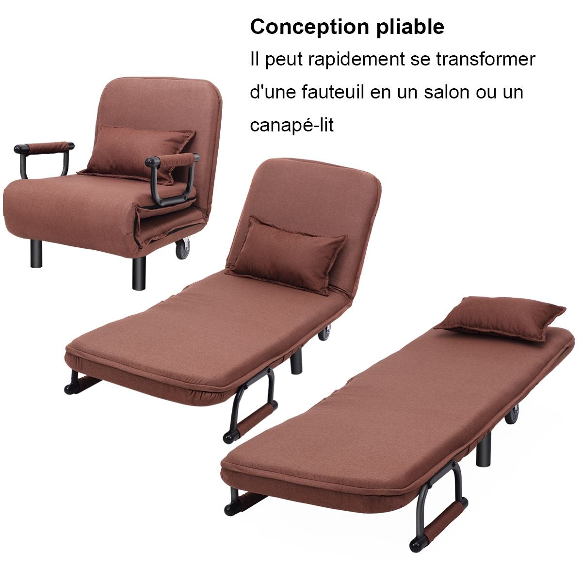 Fauteuil Convertible avec Accoudoirs et Dossier Réglable Rembourré par Éponge Roue avec Frein Brun