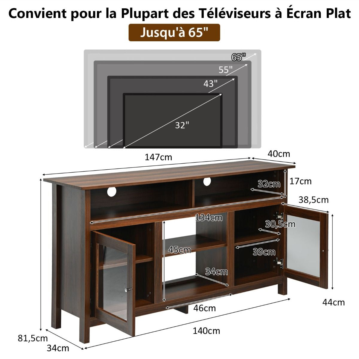 Meuble TV avec 2 Armoires Laterales et Étageres 18" Foyer Électrique pour Salon Chambre 147 x 40 x 81,5 cm Marron