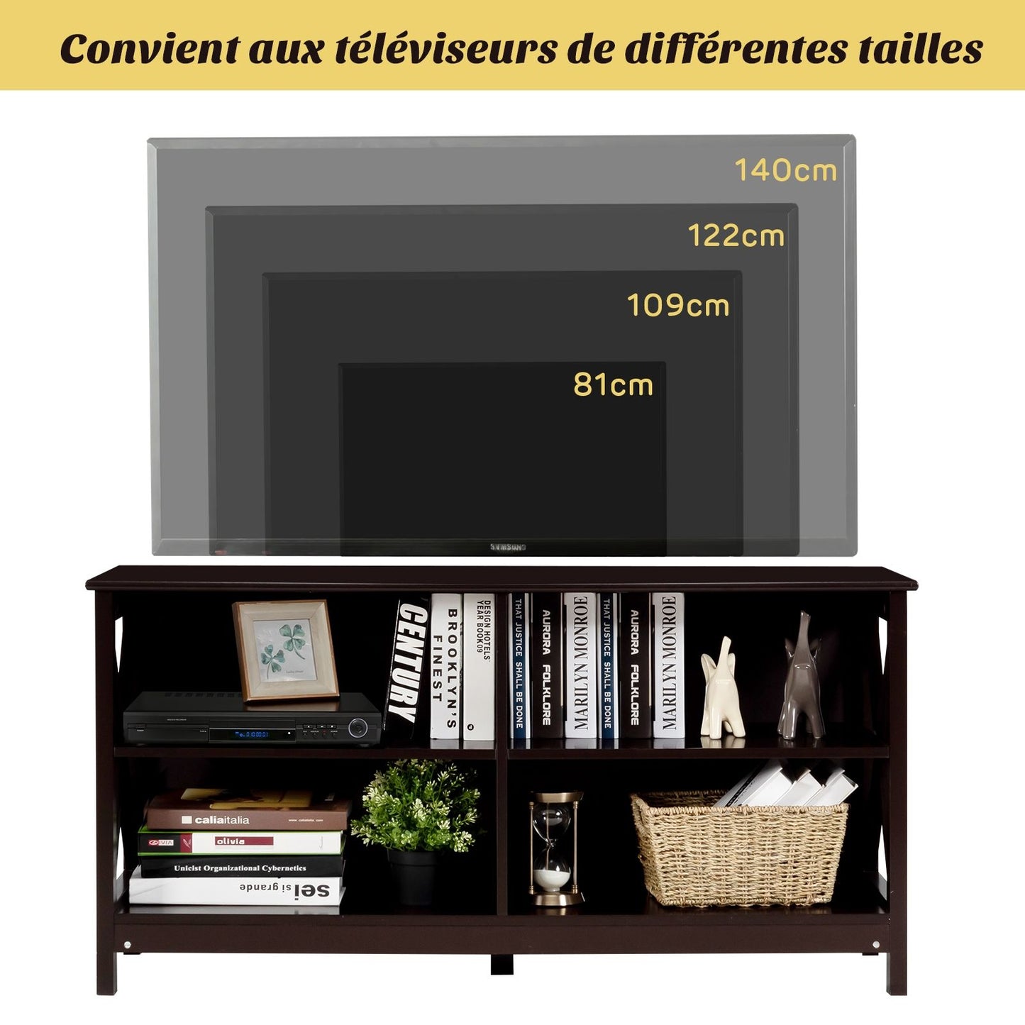 Meuble TV à 3 niveaux pour TV de 55 Pouces avec Étagères de Rangement 120 x 41 x 60cm Style Industriel Marron