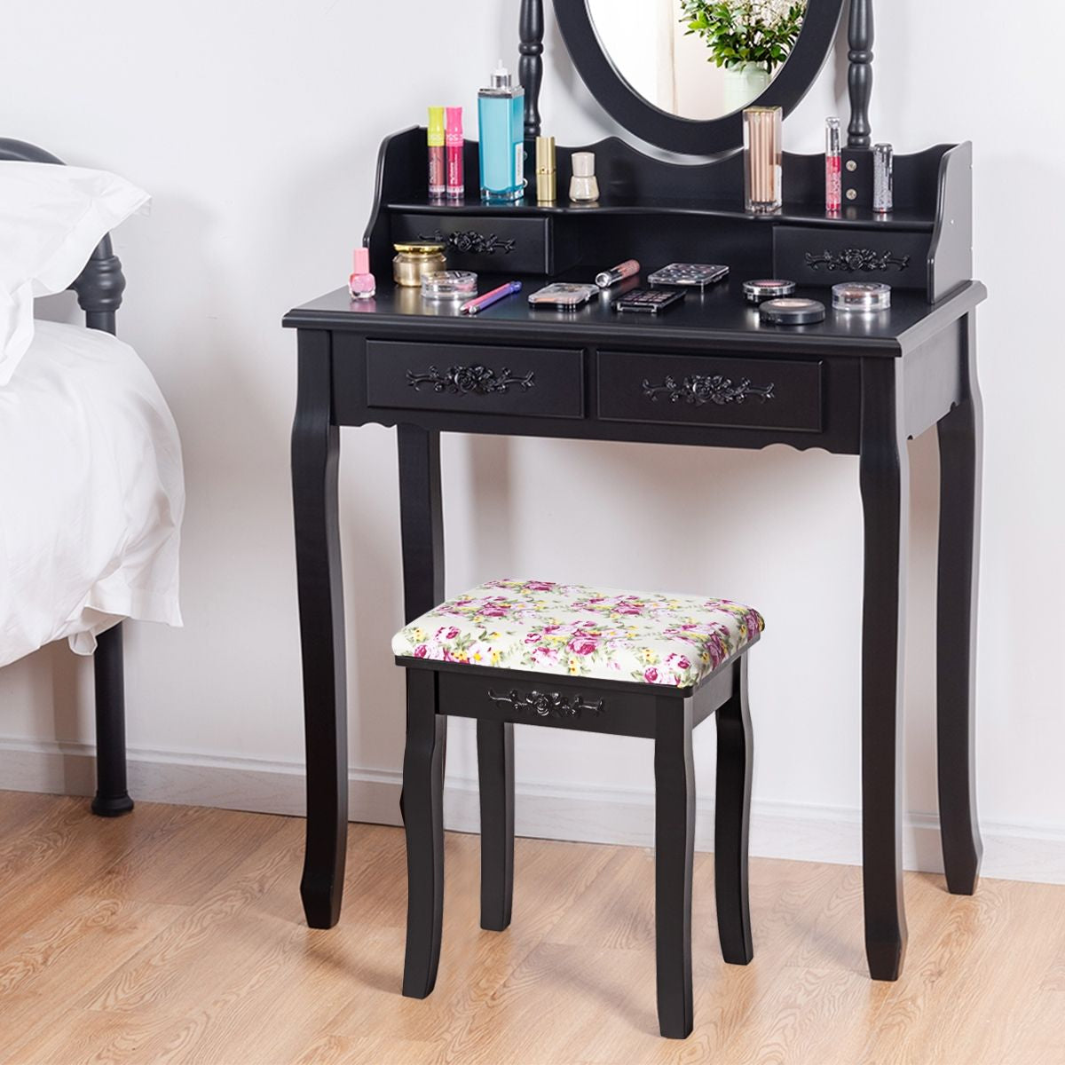 Tabouret de Coiffeuse avec Siège Rembourré et Pieds en Bois Incurvés pour Chambre Dressing 40,5 x 30,5 x 44,5 cm Noir