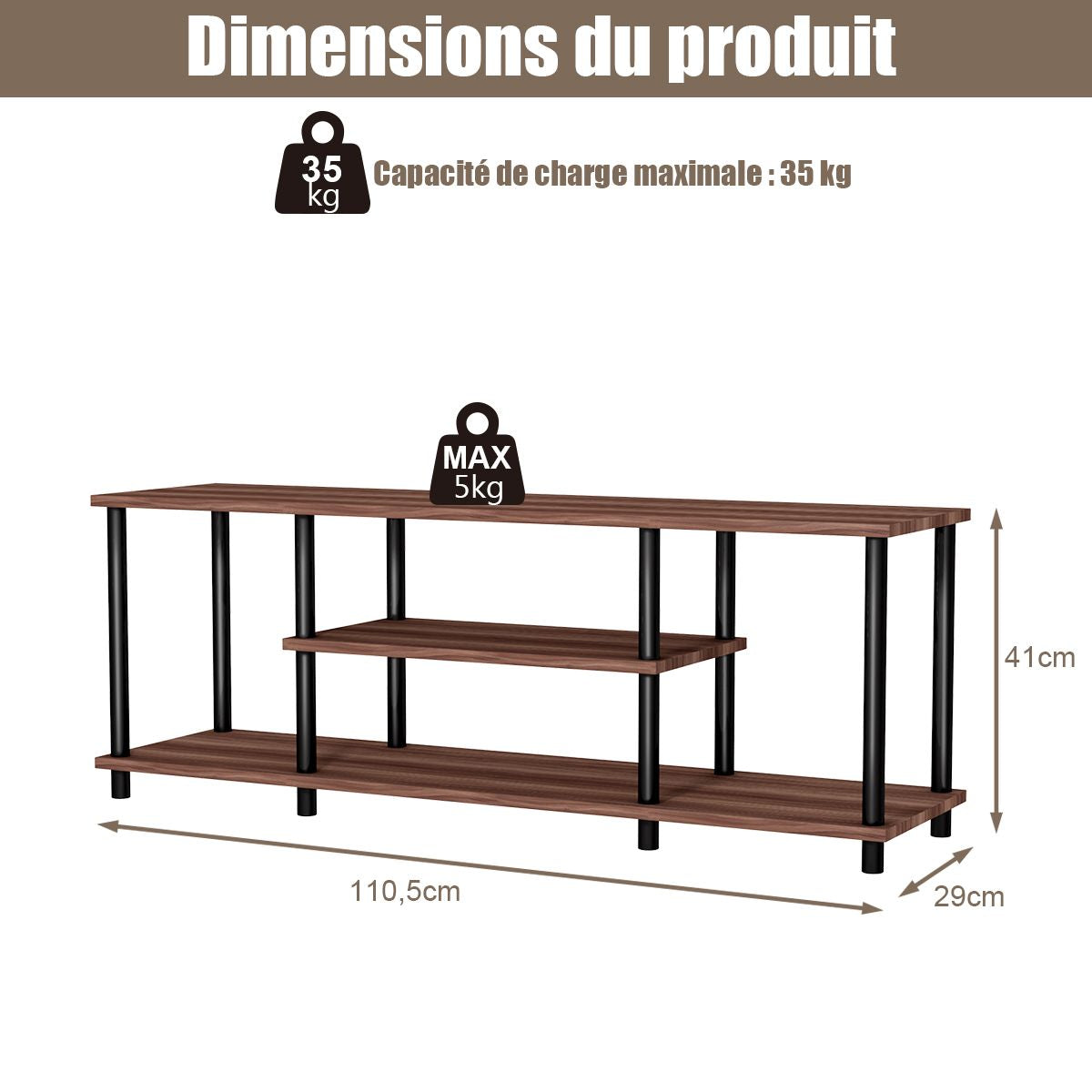 Meuble TV à 3 Niveaux pour Télévision jusqu'à 50 Pouces Banc TV Moderne pour Salon Chambre Café