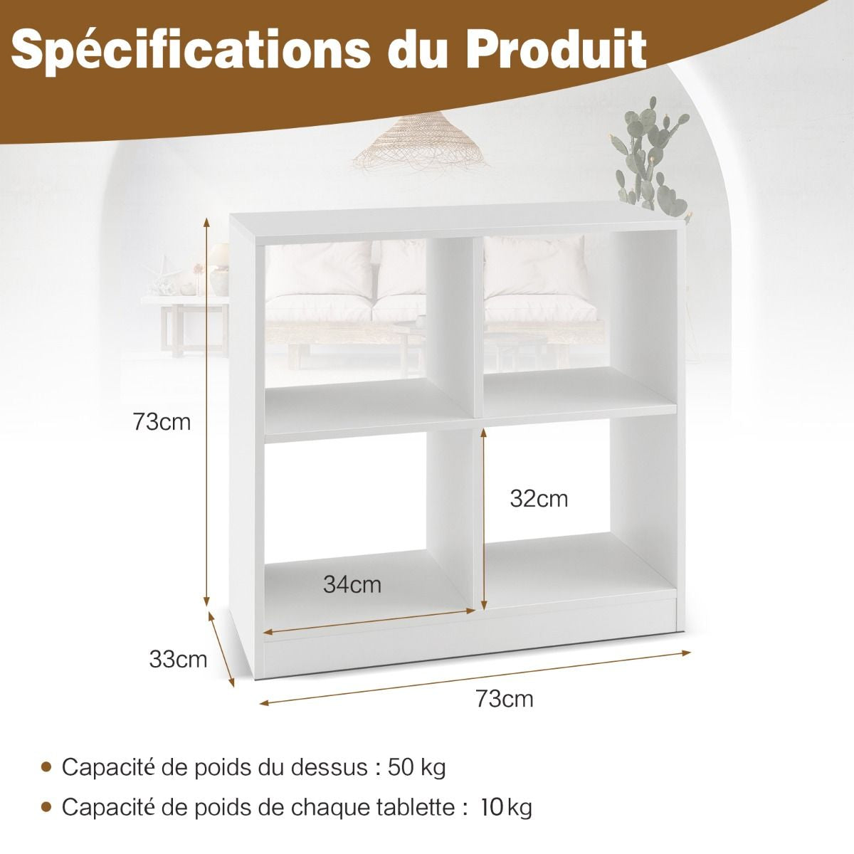 Bibliothèque Étagère Rangement à 3 Niveaux avec 4 Compartiments Ouverts Meuble Cube de Rangement en Bois 73 x 33 x 73cm