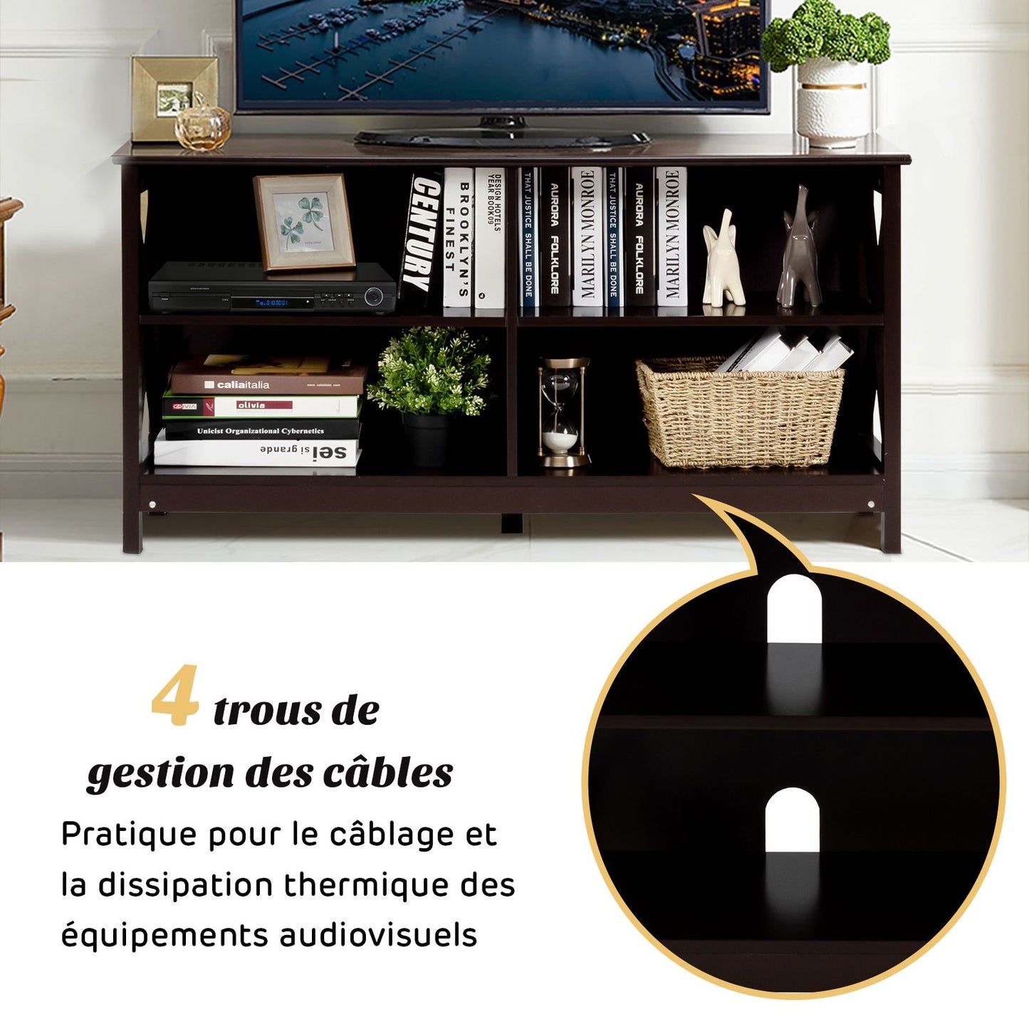 Meuble TV à 3 niveaux pour TV de 55 Pouces avec Étagères de Rangement 120 x 41 x 60cm Style Industriel Marron