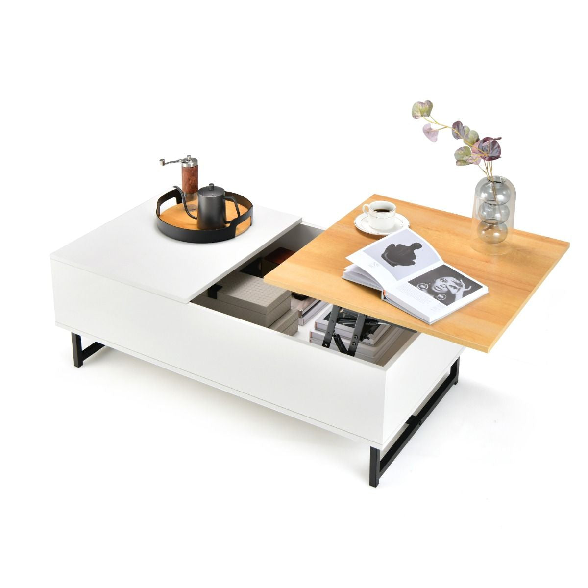 Table Basse Relevable avec 1 Compartiment Latéral Table Basse Transformable Cadre en Métal Levage Hydraulique pour Salon Bureau Chambre 110 x 60 x 38 cm Blanc