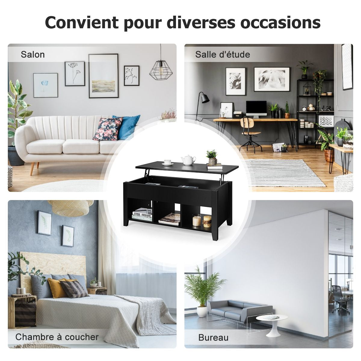 Table Basse avec Plateau Relevable Noir 104,5 x 49,5 x 48,5 CM avec Trois Compartiments pour Rangement Design Contemporain