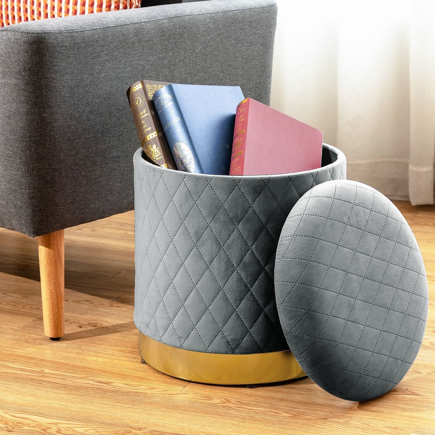 Pouf de Rangement Rond avec Base en métal Couvercle Détachable et Patins Anti-Rayurespour Salon Chambre Gris