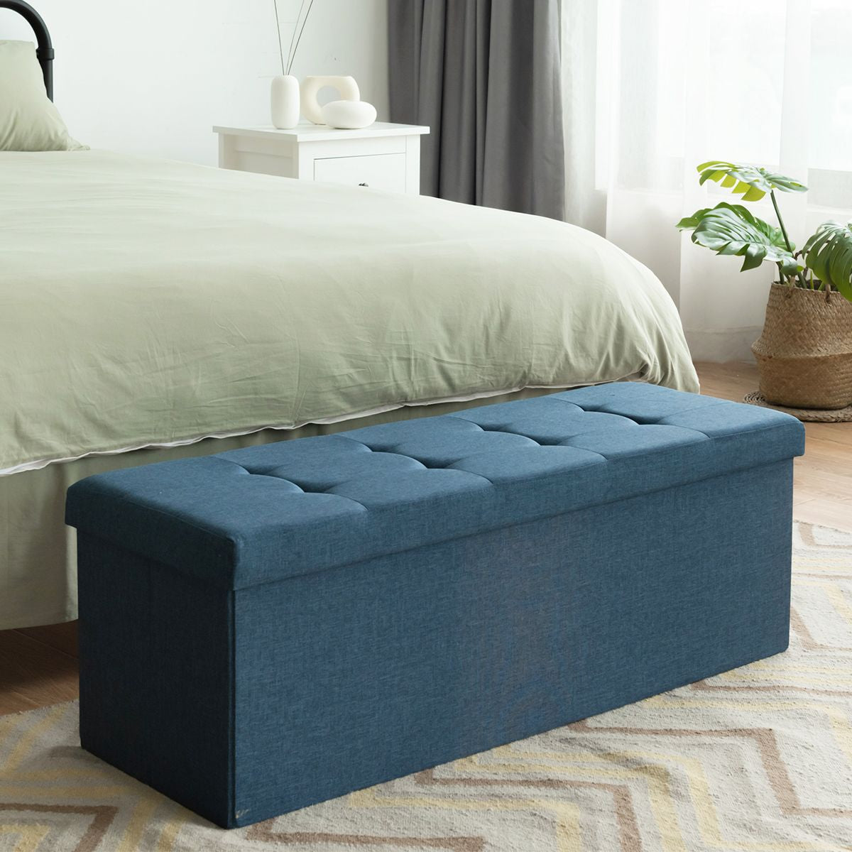 Banc de Rangement Rembourré Pliable avec Séparateur Volume 150L 110,5 x 38 x 38 cm pour Salon/Chambre/ Entrée Bleu